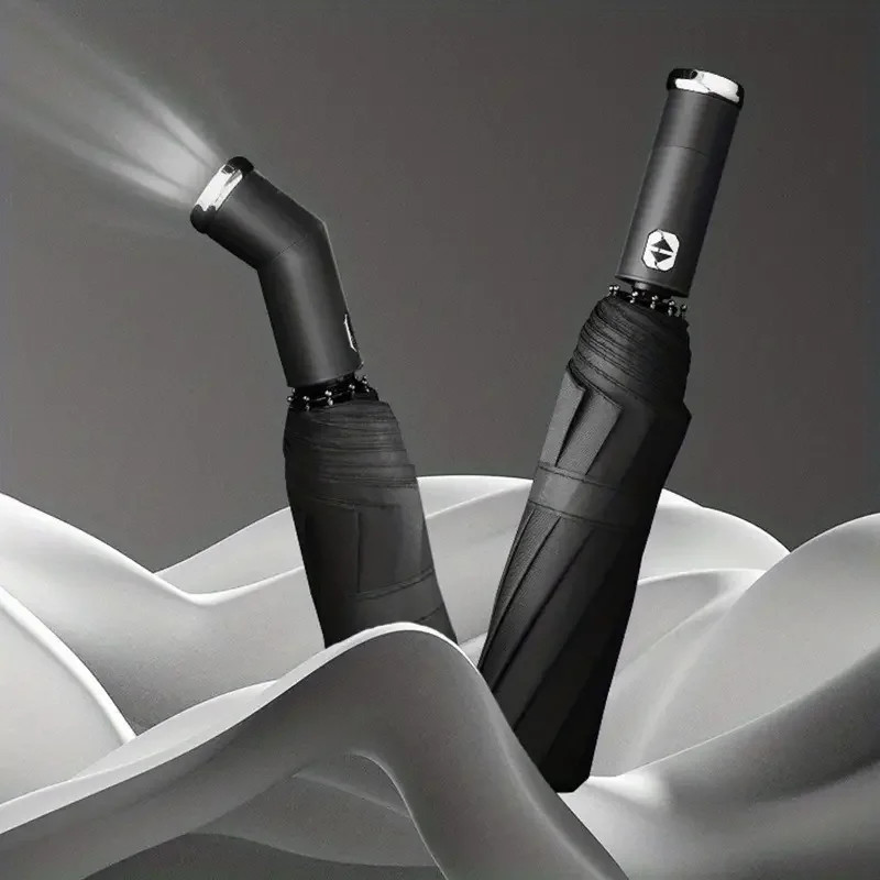 fully automatic three fold umbrella, rotatable LED flashlight, business