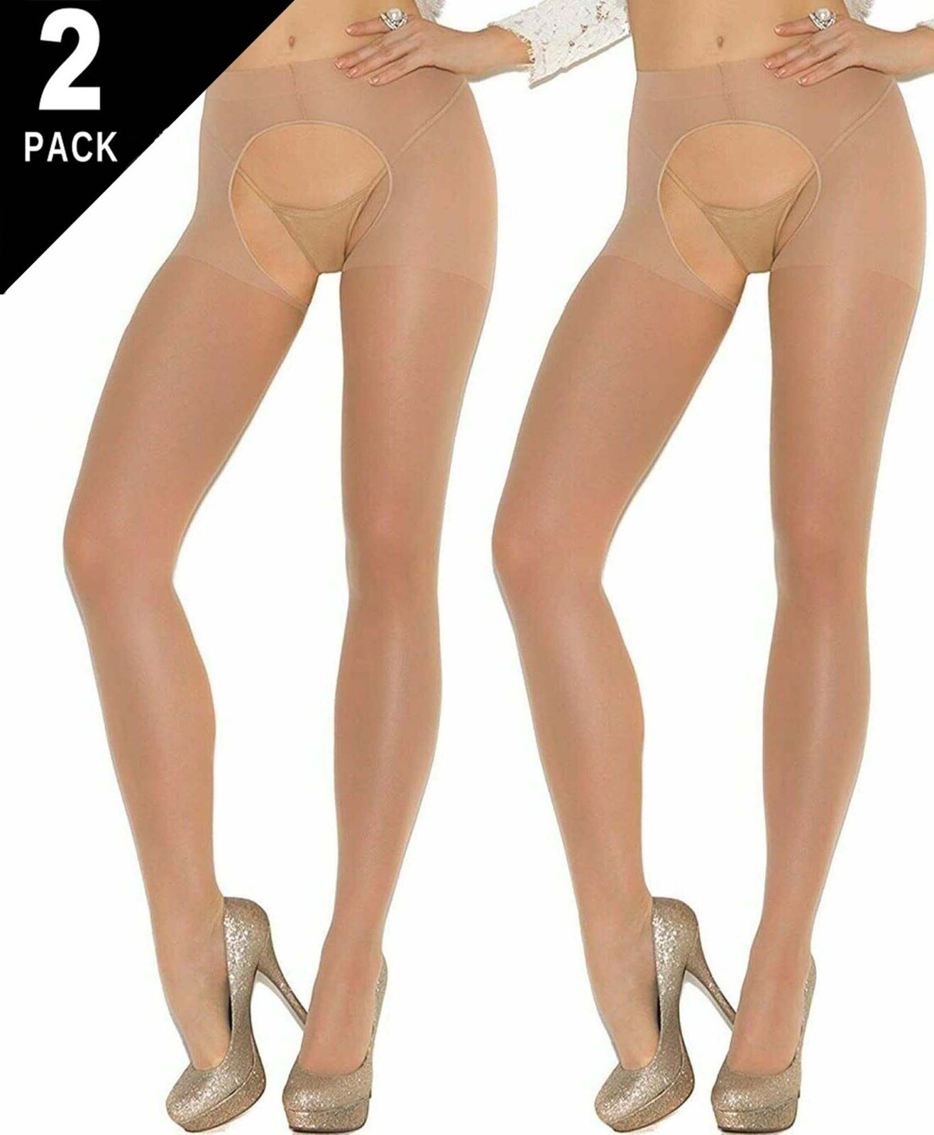 Plus Sheer Tights 2Pack Womens Queen Beige Open Gusset Pantyhose Set