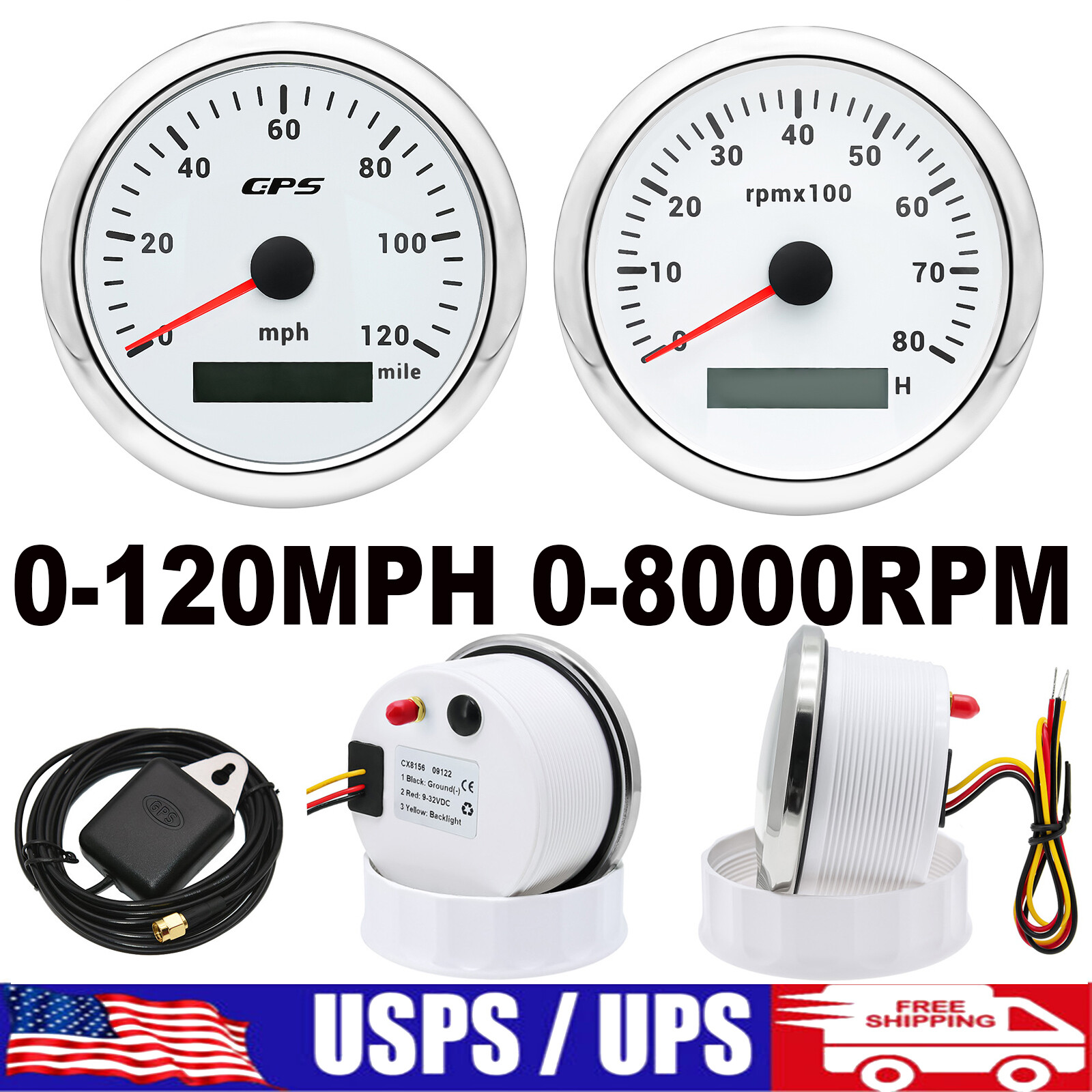 2 Gauge Set 85mm GPS Speedometer 0-120MPH Tacho 8K Waterproof For Car Boat Truck