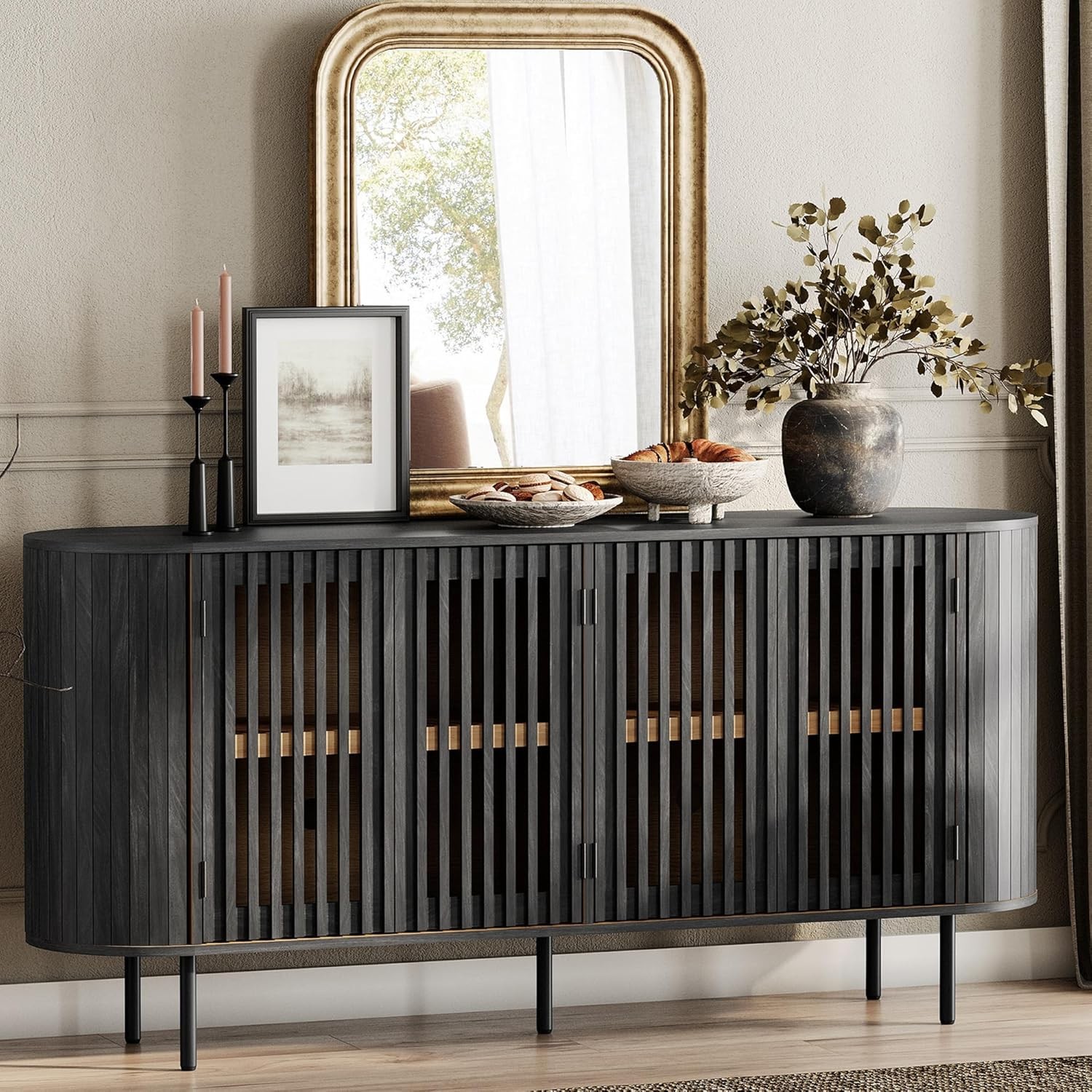WPAT 66" Fluted Sideboard Buffet Cabinet, Wood Stora Cabinet with 4