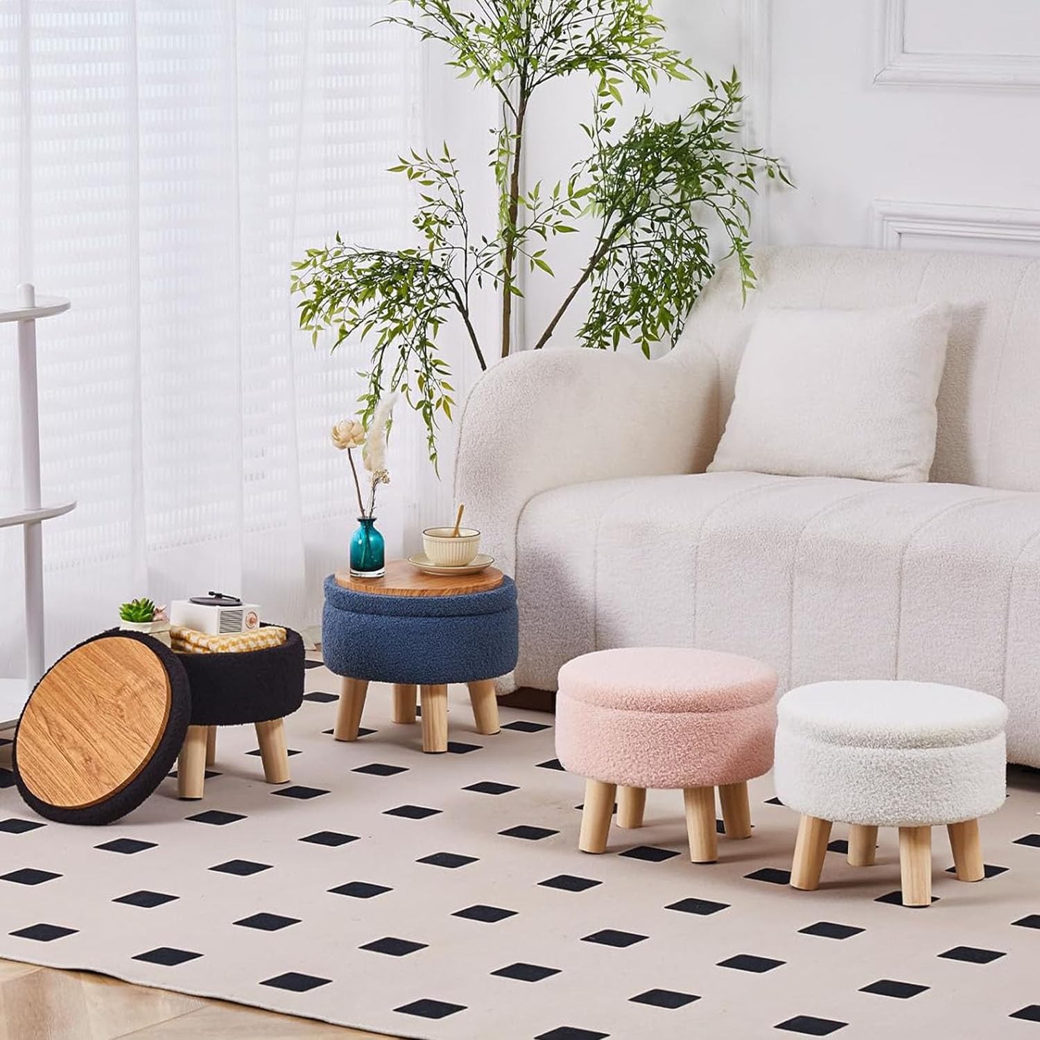 Wimarsbon Storage Ottoman, Modern Round Footrest with Soft Padded Seat, Teddy Ve