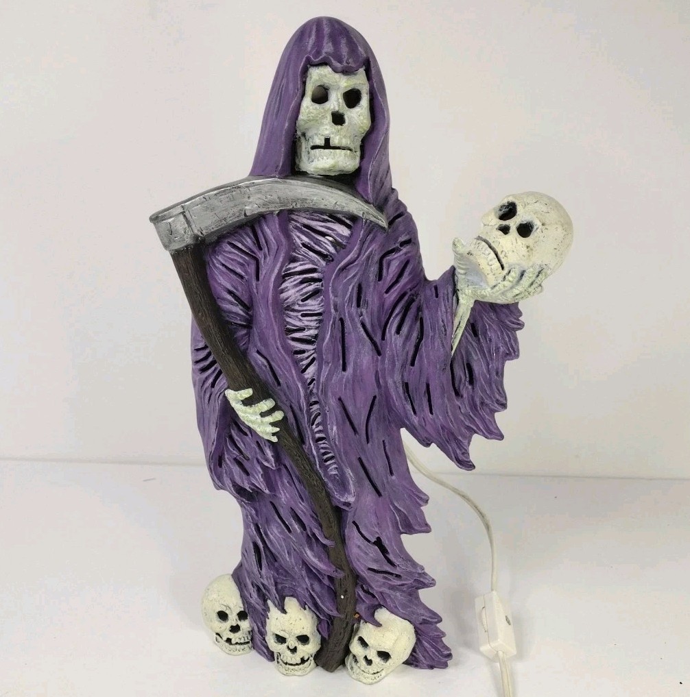 Vintage Halloween Light Up Ceramic Grim Reaper Purple Robes Skulls Working