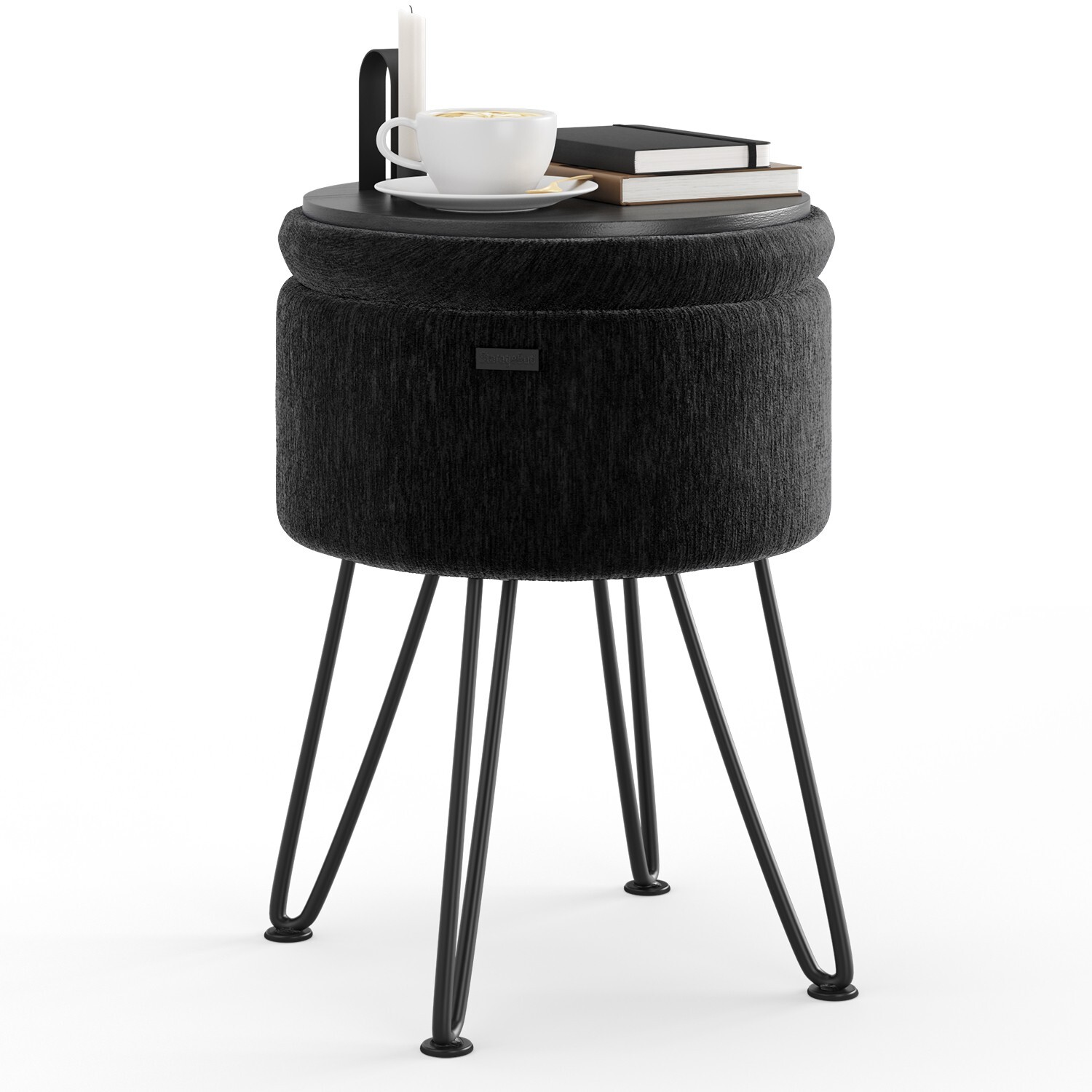 StorageBud Textured Velvet Storage Ottoman, Round Ottoman w/ Storage for Vanity