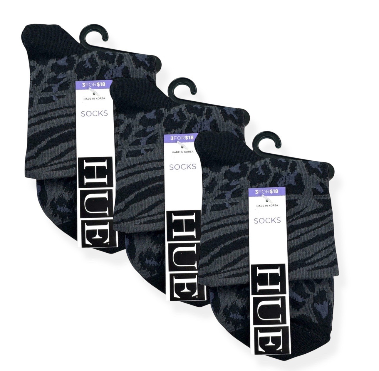 Hue Womens Black Animal Print Cotton Body Socks One Size Fits Most 3 Pairs