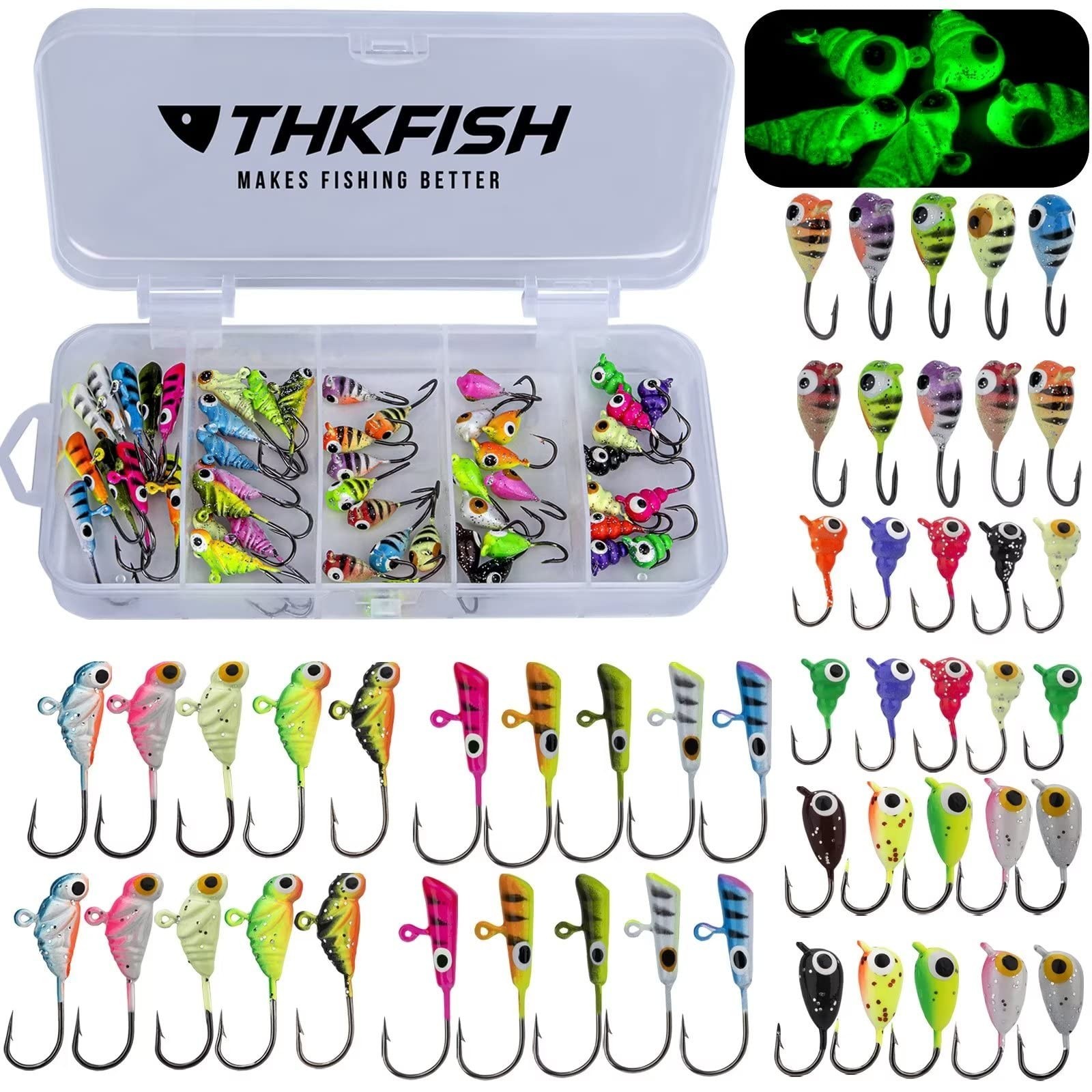 THKFISH Ice Fishing Jigs Kit Ice Fishing Lures for Walleye Perch Jigs Heads f...