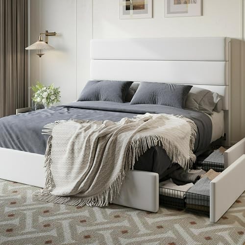 Size Platform Bed Frame with 4 Storage Drawers, Velvet Upholstered Queen White