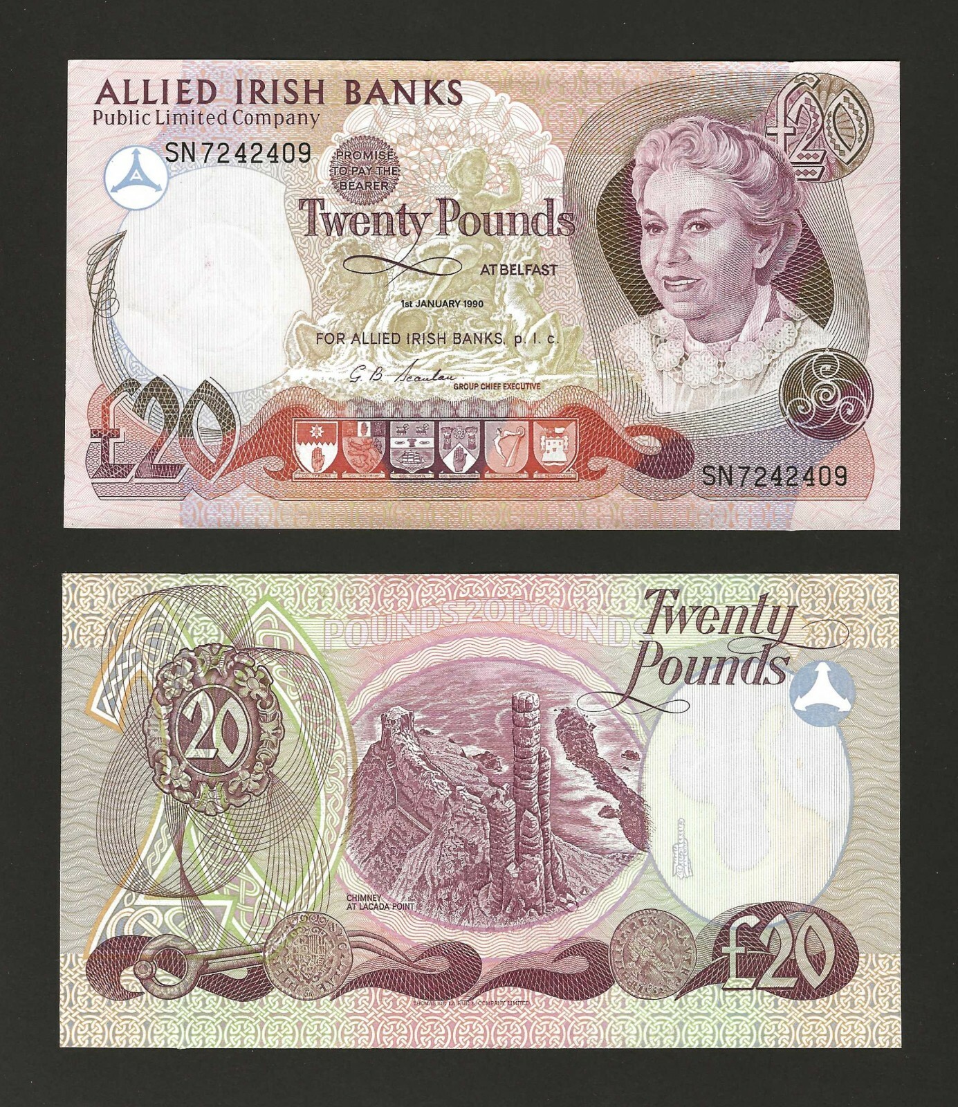 NORTHERN IRELAND 20 Pounds 1990, P-8c Allied Irish Banks, Rare Type, AU to UNC -