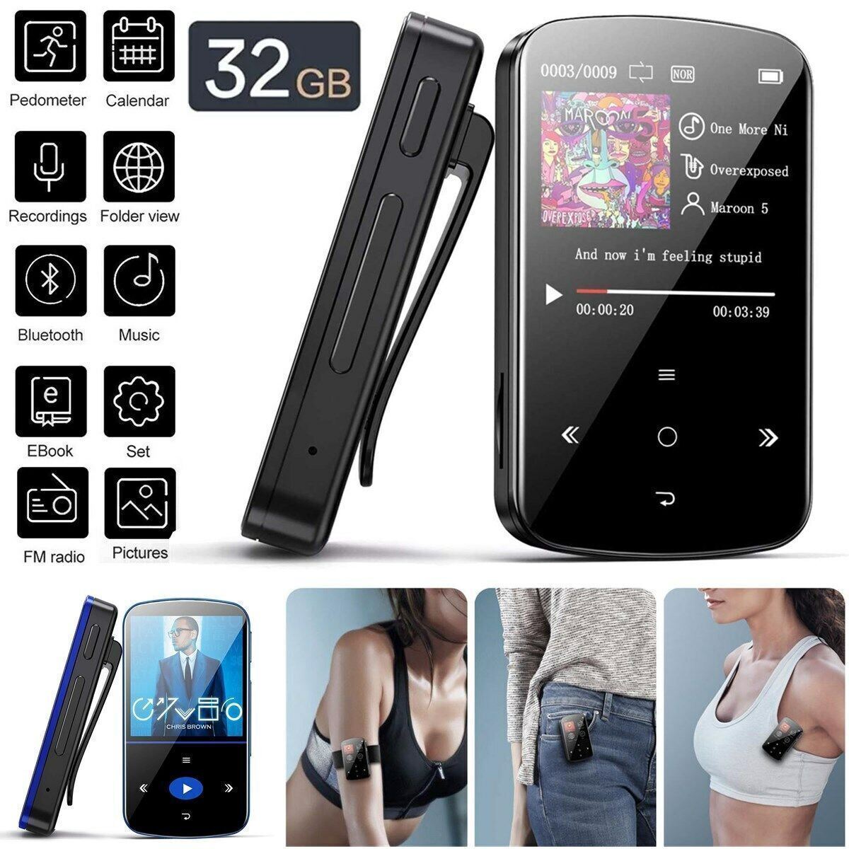 MP3 Player 32GB HiFi Lossless Sound Bluetooth Clip Music Voice Recorder FM Radio