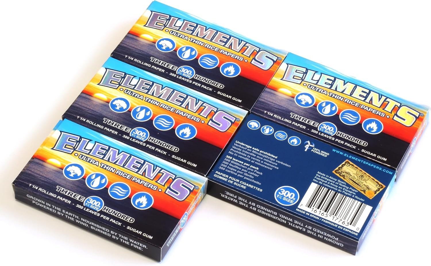 ELEMENTS 300 Ultra Thin Rice Rolling Paper 1.25 1 1/4 Size, 5 Pack = 1500 Leaves