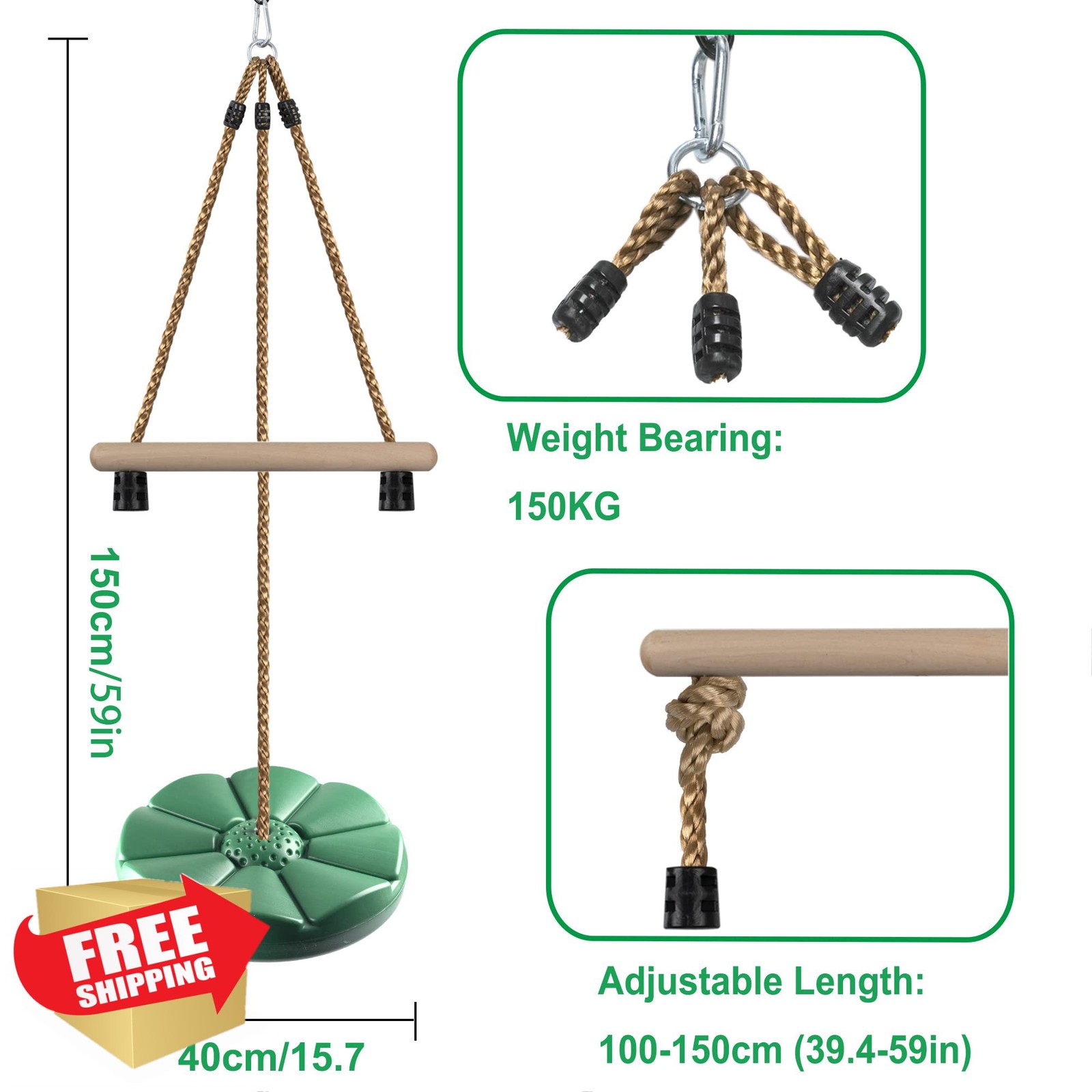KINSPORY Kids Disc Swing 7FT Adjustable Height Green