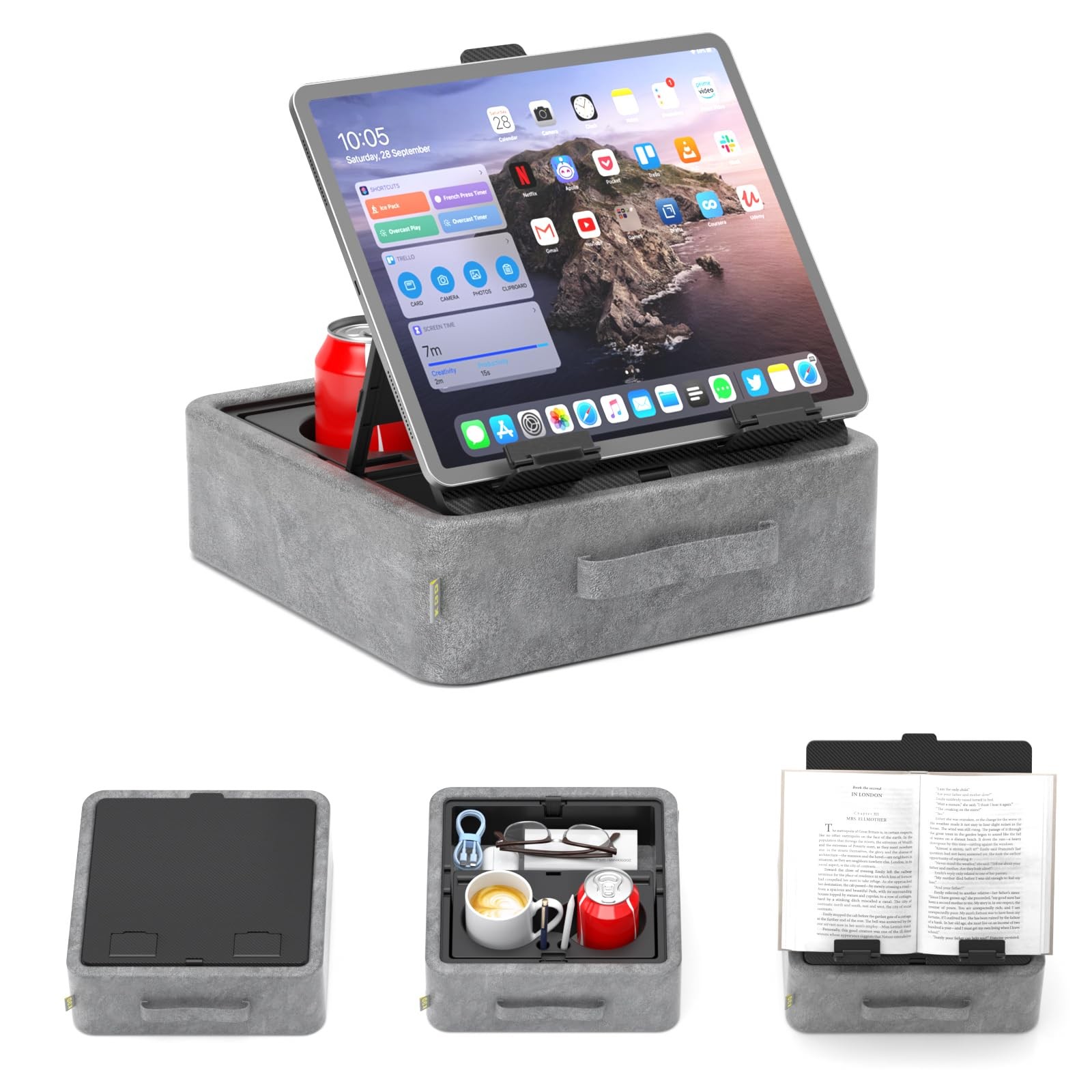 5 in 1 Tablet Pillow Holder, Foldable Book Stand for Reading with Storage Tra...