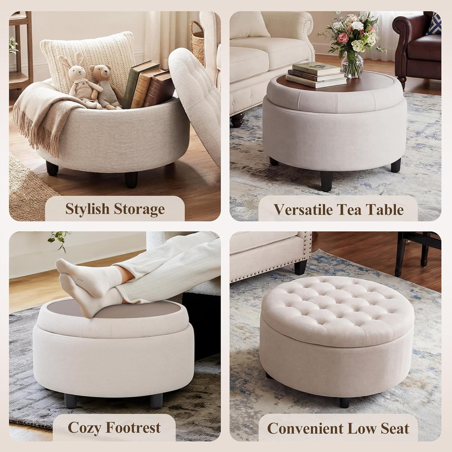 Fabric round Storage Ottoman with Reversible Tray Lid – Multi-Functional Footres