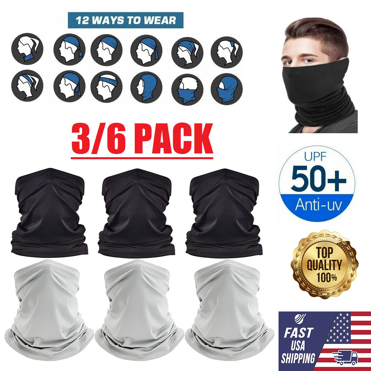 6pcs Summer UV Protection Cooling Neck Gaiter Face Clothing Neck Gaiter Mask USA