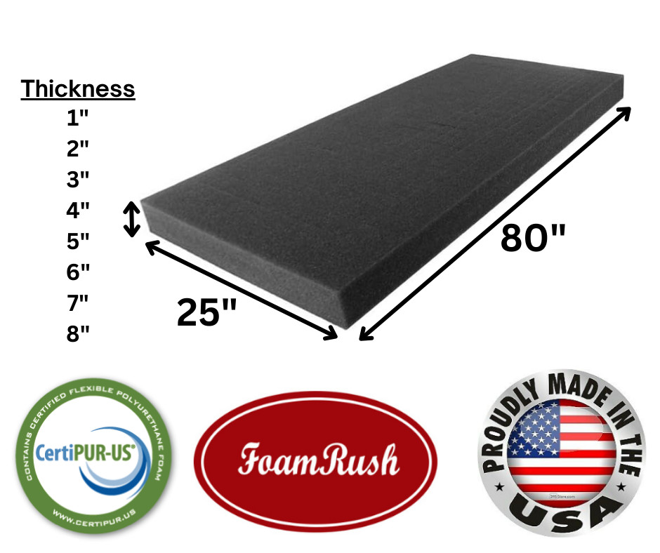 FoamRush 25" x 80" Charcoal High Density Upholstery Foam Cushion Medium Firm USA