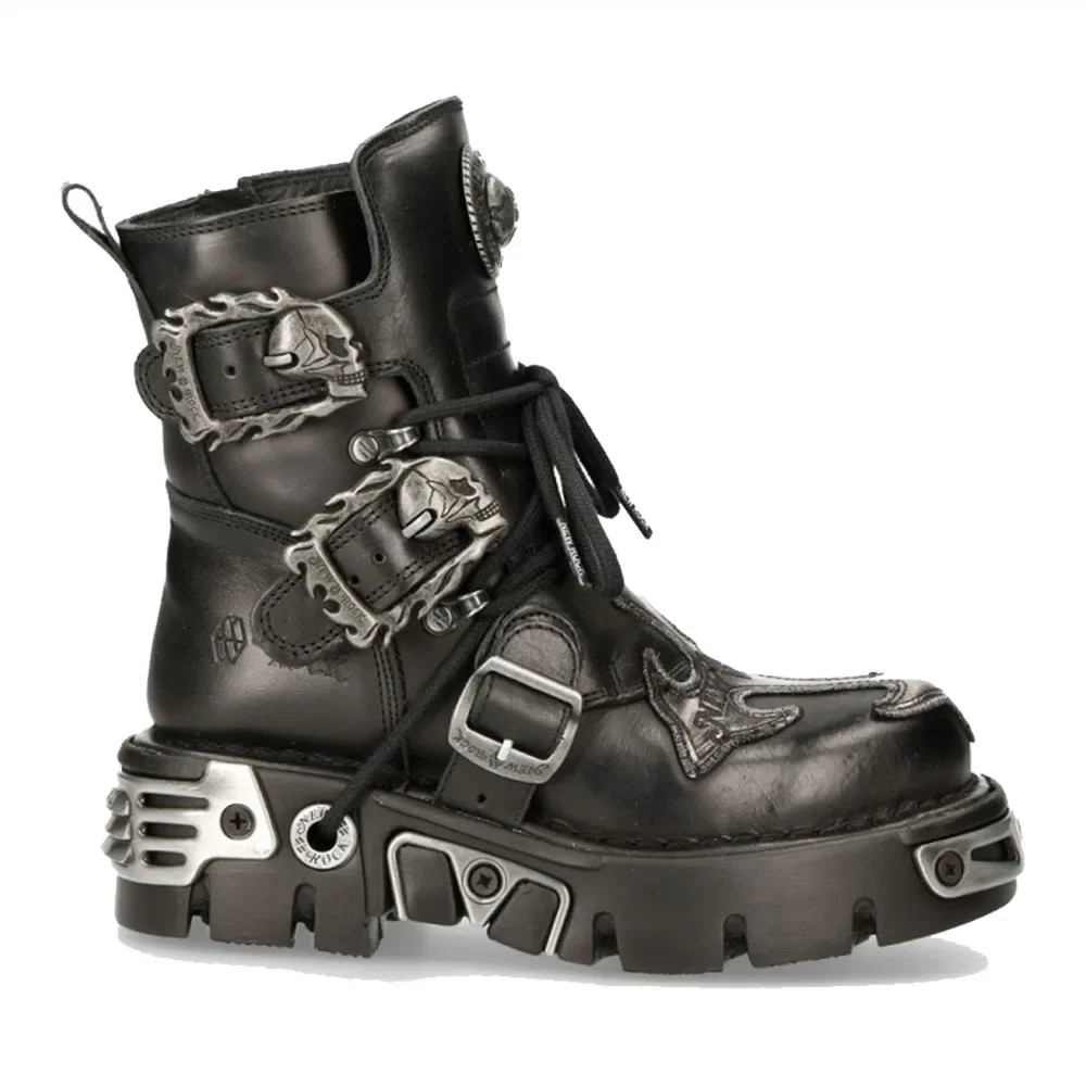 Men Genuine Leather Motorcycle Shoes Silver Goth Punk Style Metallic Boots Black