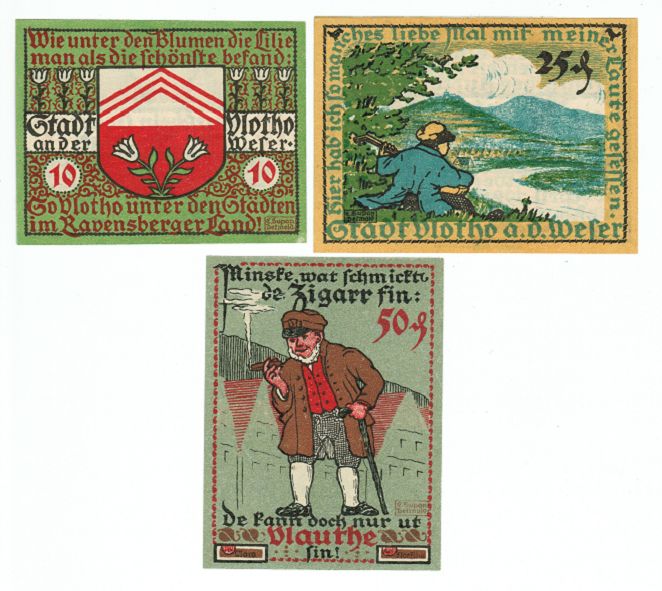 SET OF 3 GERMANY NOTGELD 10.25.50 PFENNIG STADT-VLOTHO 1921 UNC
