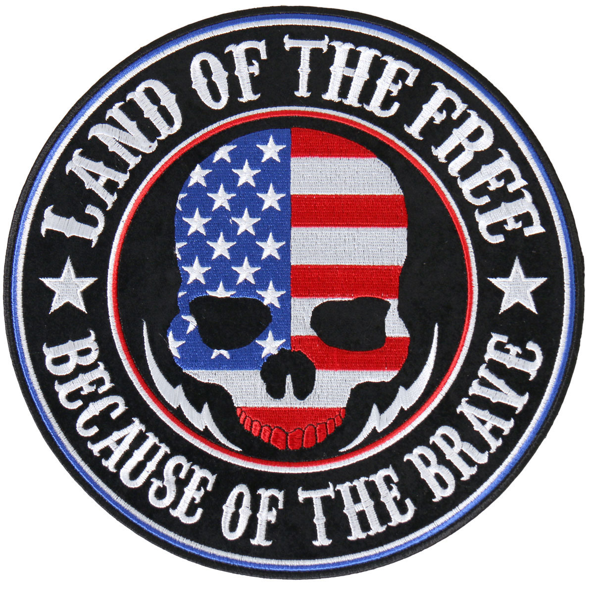 Land of the Free Skull EMBROIDERED 3.5 INCH IRON ON MC BIKER  PATCH BY MILTACUSA