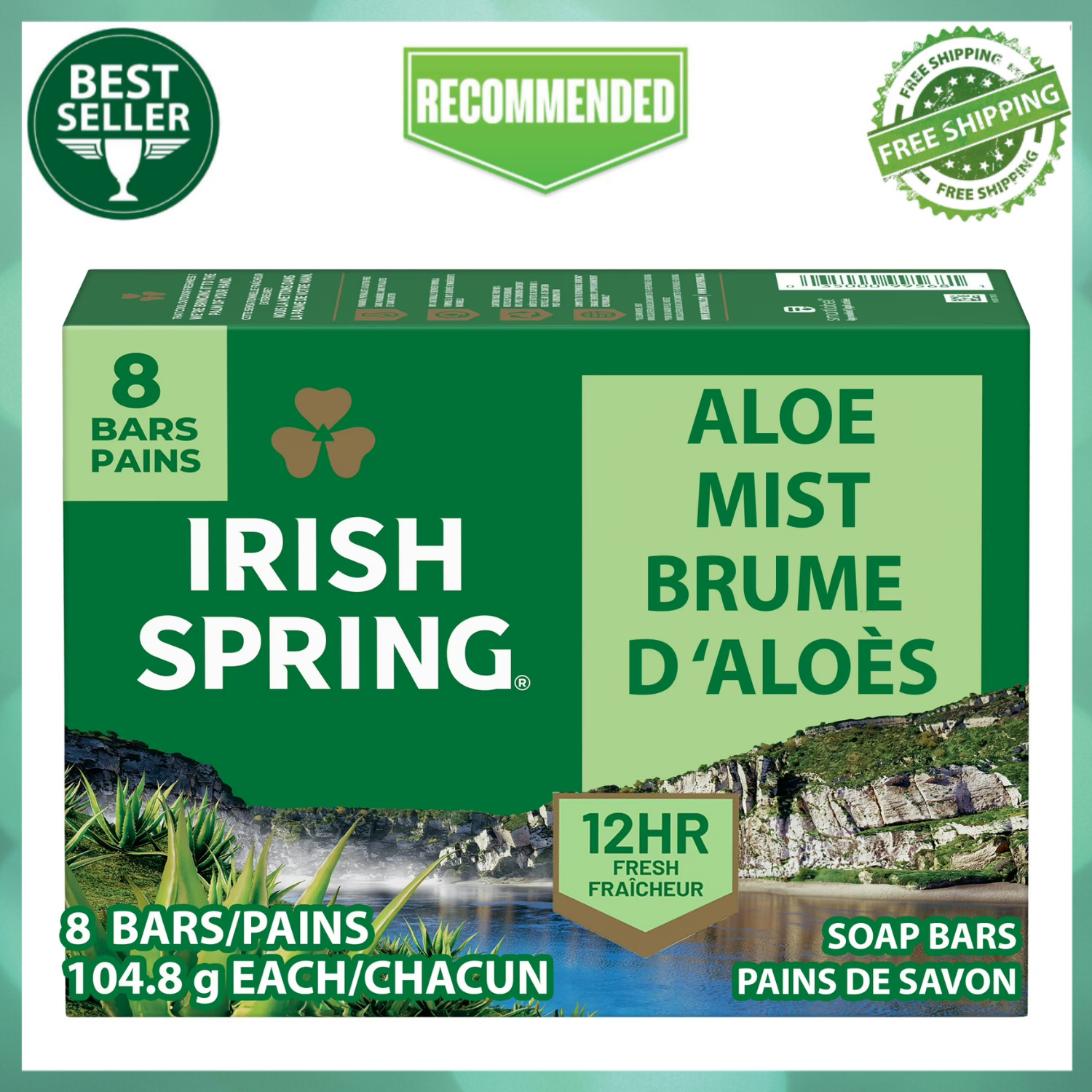 (8 Pack) Irish Spring Aloe Mist Deodorant Bar Soap for Men 12H Fresh, 3.7 oz Bar