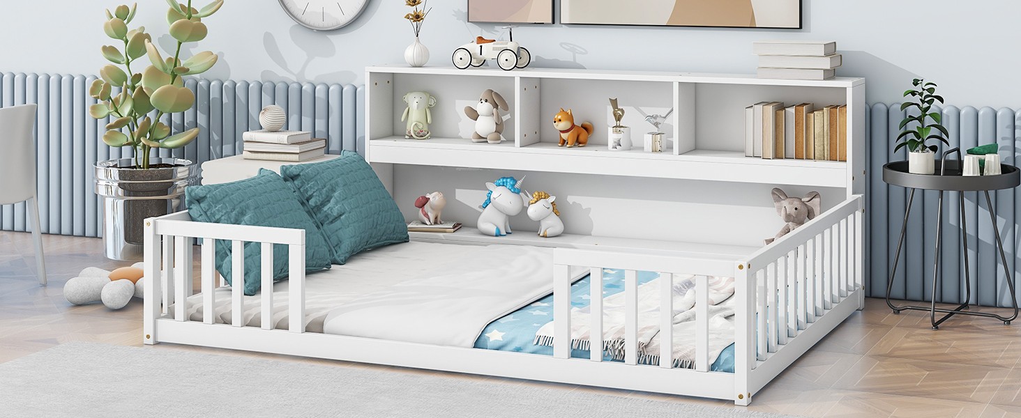 Full Size Floor Bed w/ Bookcase & Guardrails, White, Sturdy Pine Frame