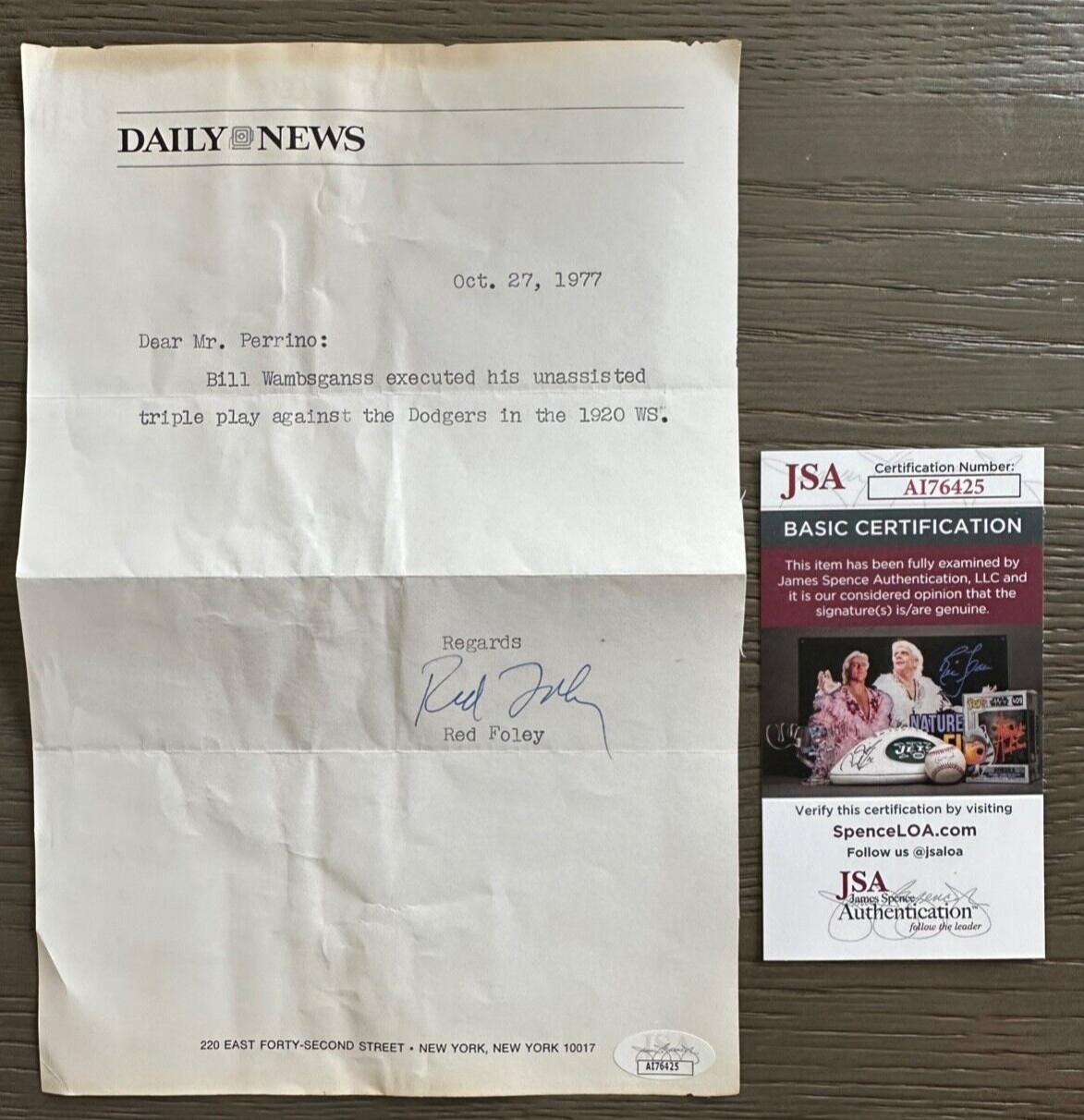 Oct. 27th, 1977 Red Foley Sportswriter Autographed Daily News Letter JSA COA