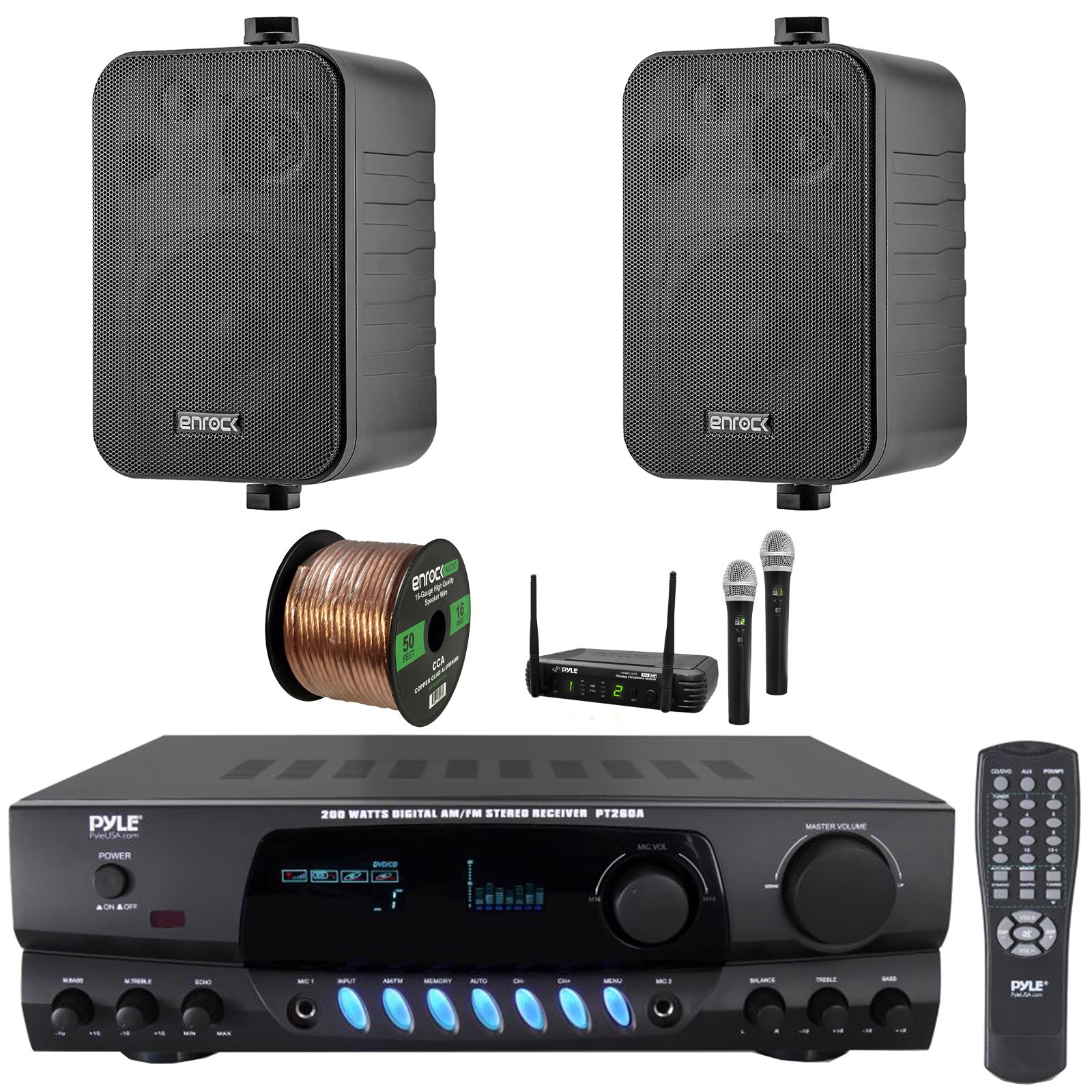 Pyle Stereo Digital Radio Receiver, 2x 4" 30W 3-Way Black Speakers, Mic System