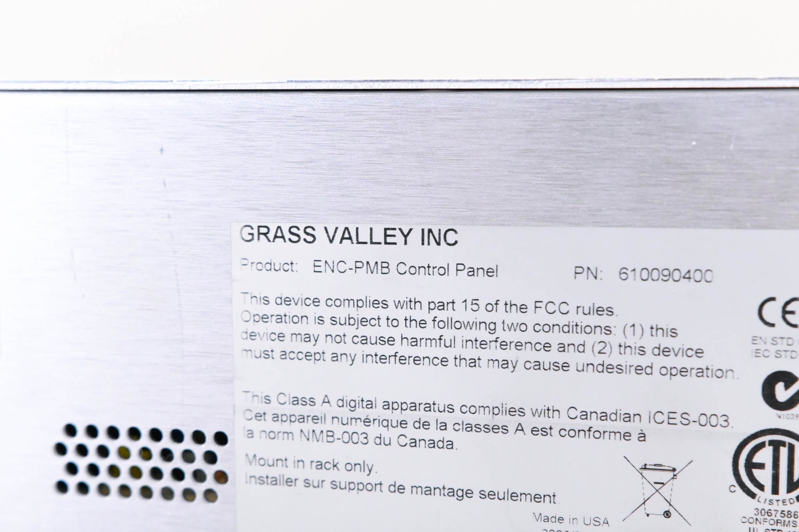 Grass Valley ENC-PMB Control Panel CG00546