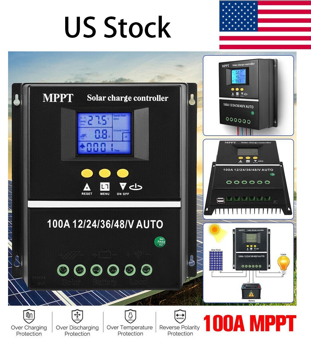 LCD Solar Controller 100A MPPT PV Battery Regulator Charger 12V/24V/36V/48V