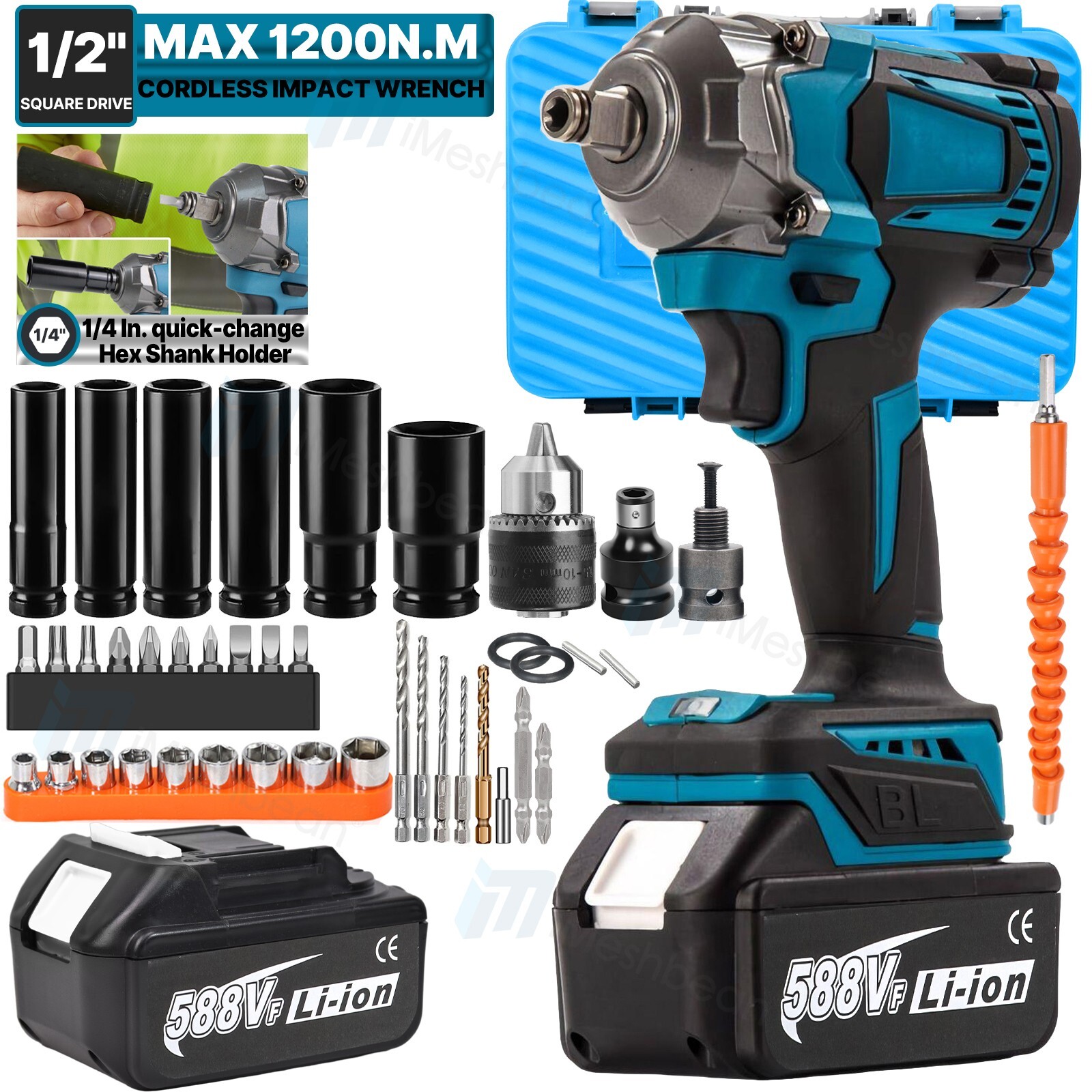 Cordless Impact Wrench 1/2" 1200Nm High Torque Brushless Drill Driver 2 Battery