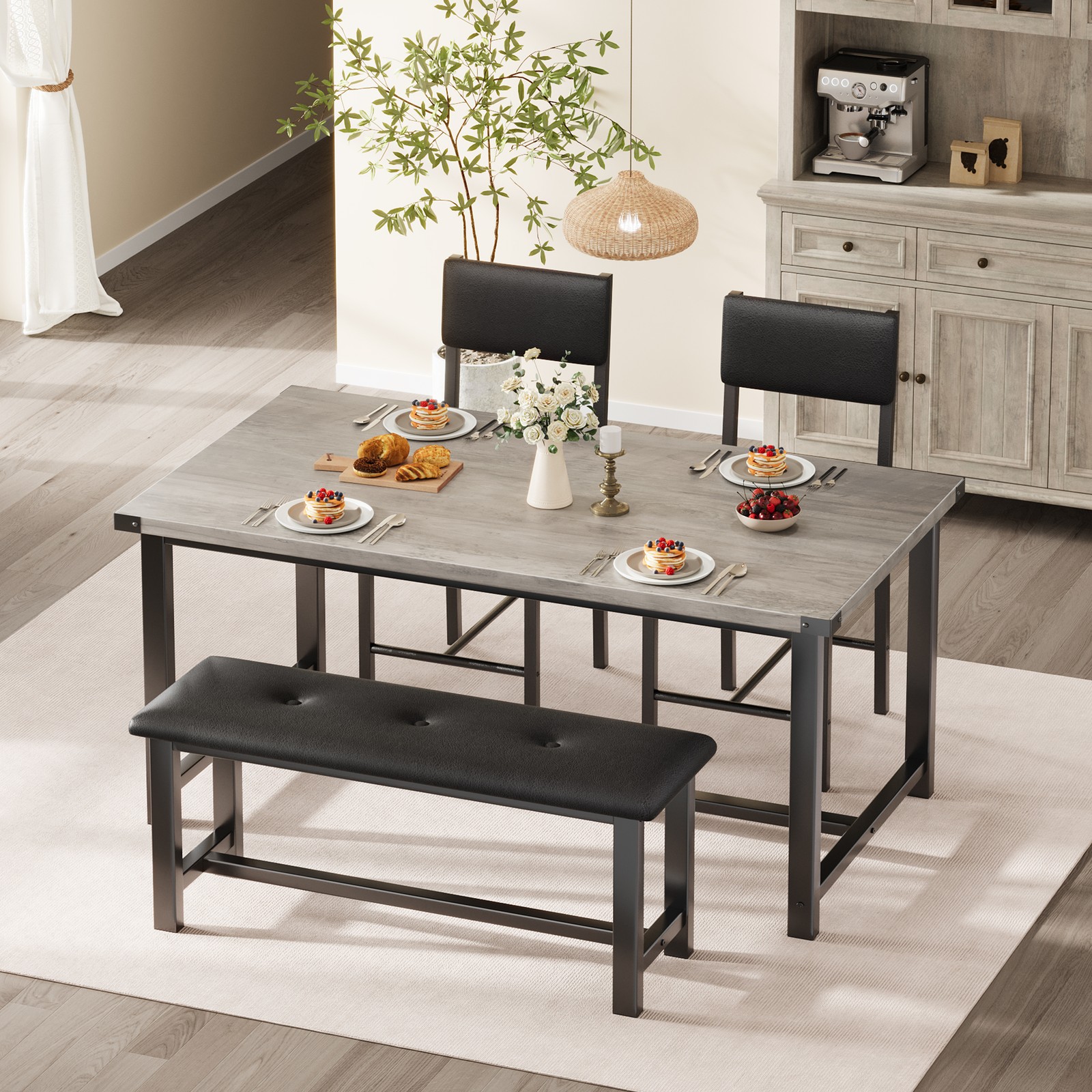 Modern Dining Table with Upholstered Bench & 2 Padded Chairs for Dining Room