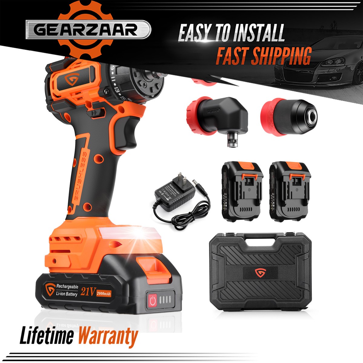 High Torque 21V Cordless Impact Wrench 1/2 Inch Brushless Gun 2 Battery Kit