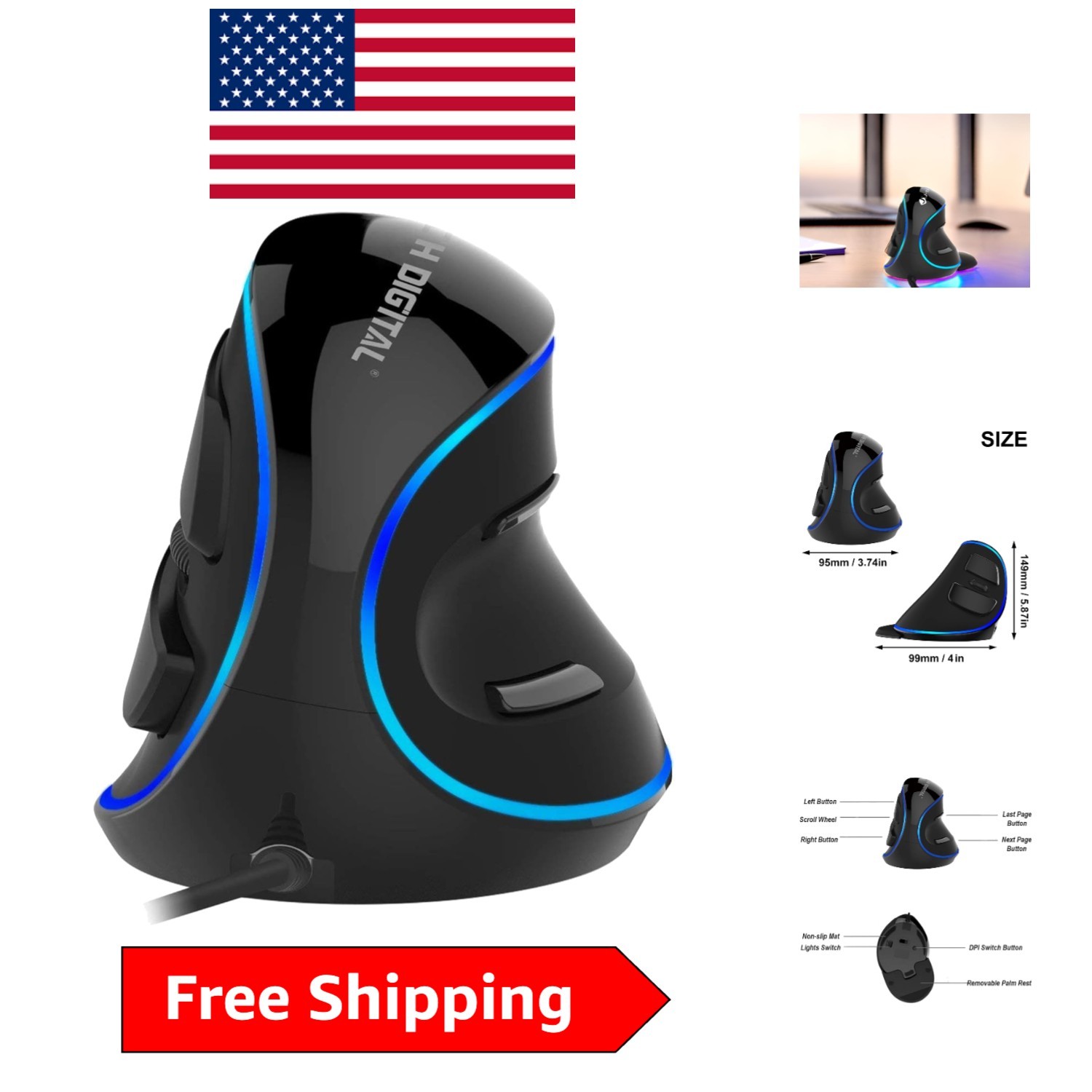 Ergonomic USB Vertical Mouse - 7 Buttons, Adjustable DPI and Removable Palm Rest