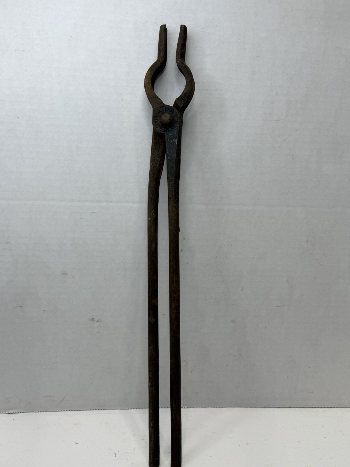 ANTIQUE ATHA BLACKSMITH'S CURVED LIP JAW TONGS 20” NEWARK NJ,  USA 1881-1913