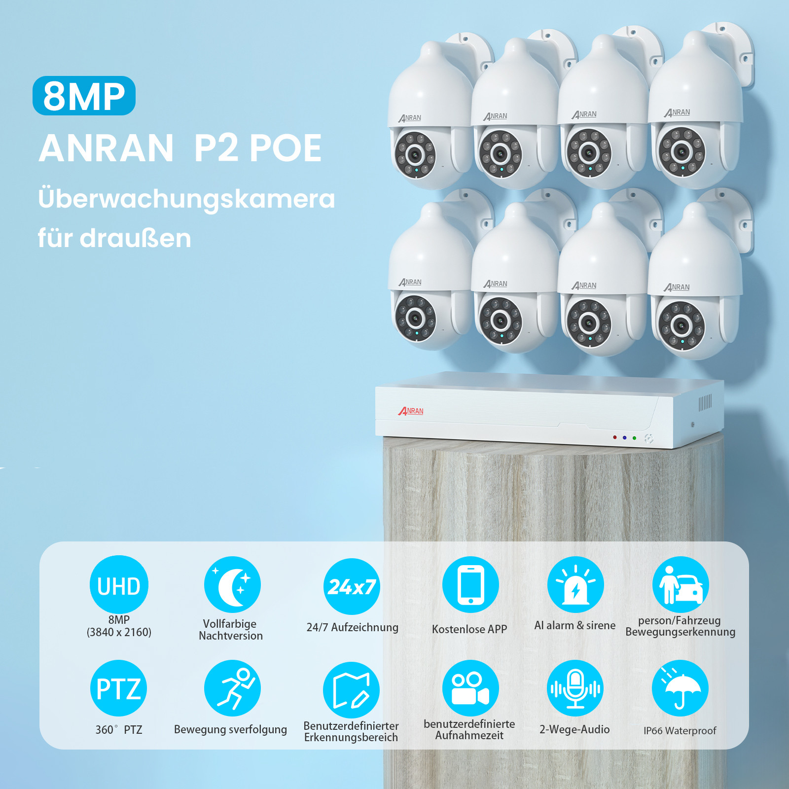 ANRAN CCTV WIRED SECURITY SYSTEM 8MP AUDIO CAMERA 24/7 RECORD +4TB HDD MOTION