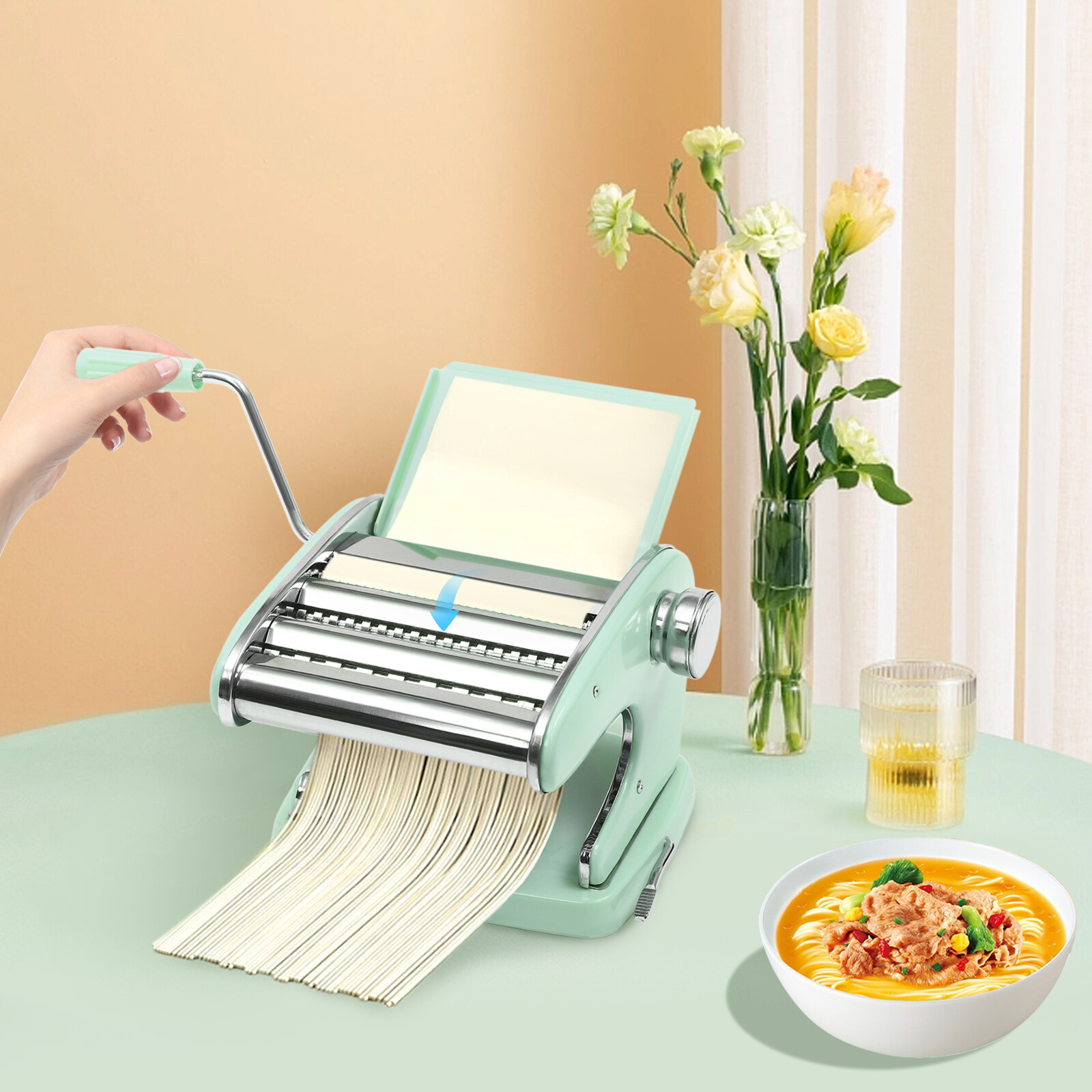 Manual Pasta Maker Machine with Adjustable Thickness Noodle Roller and Cutter