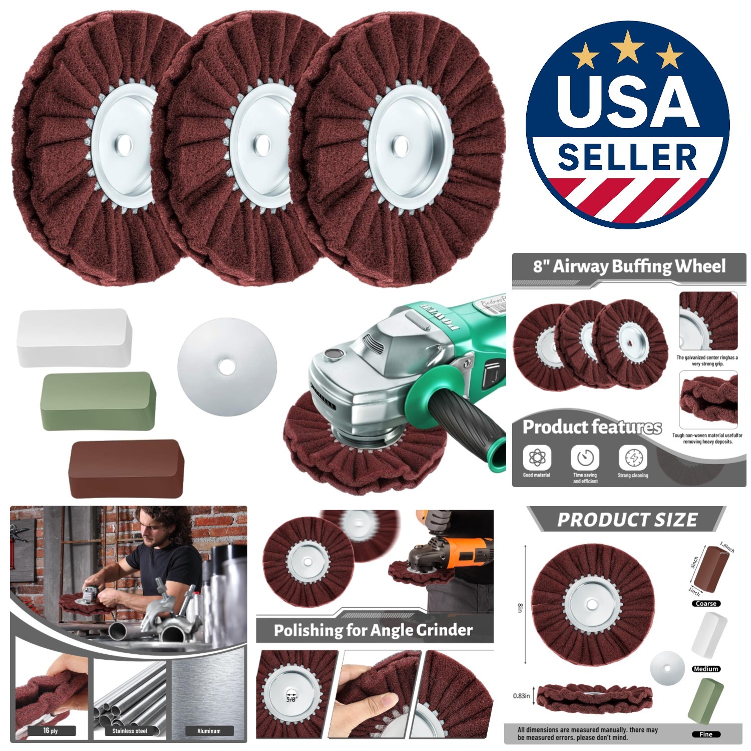 Complete 7-Piece Polishing Set: 8" Buffing Wheels and Rouge Bars for Metal Care