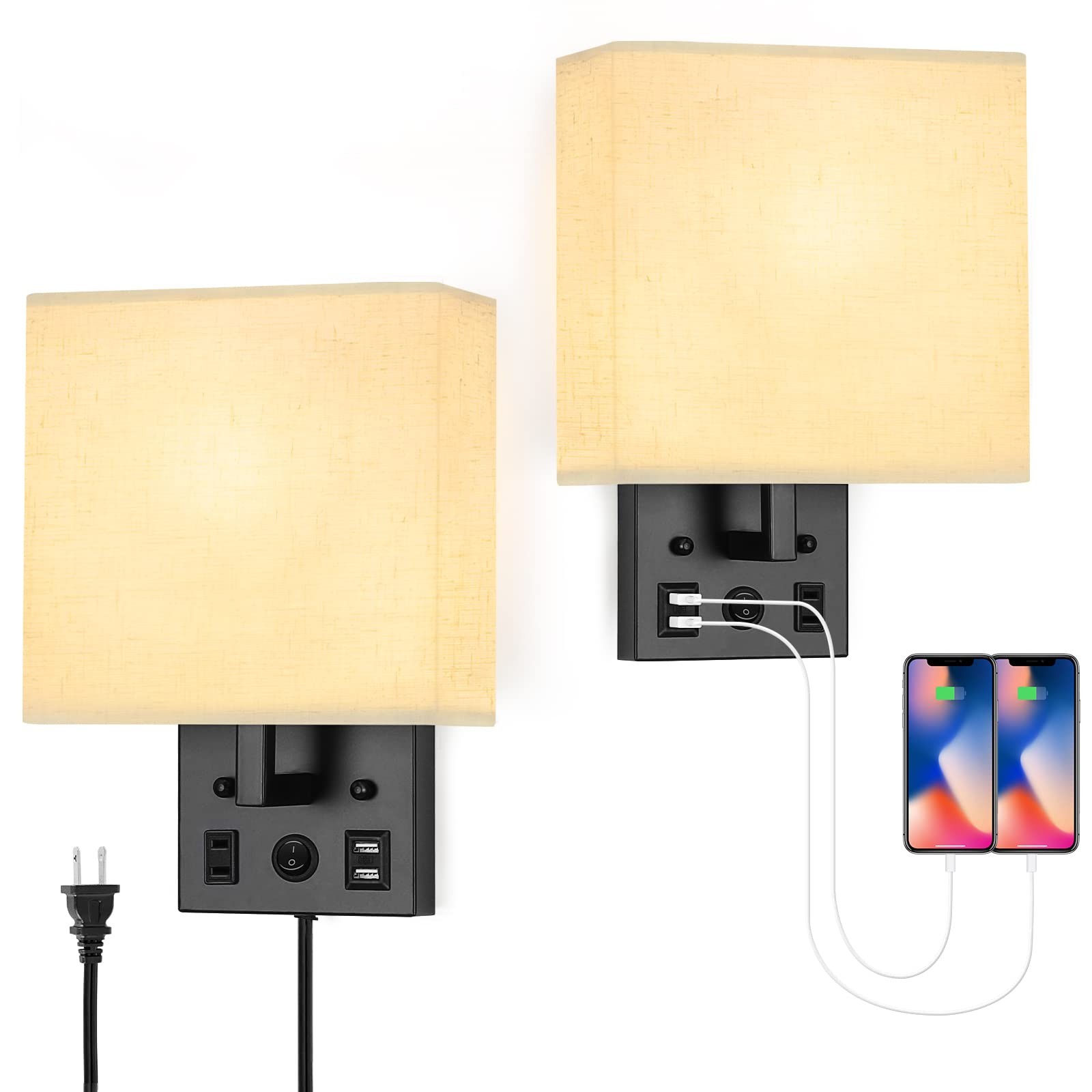 Black Wall Sconces Set of Two, Bedside Wall Lights for Bedroom, Plug in Wall ...