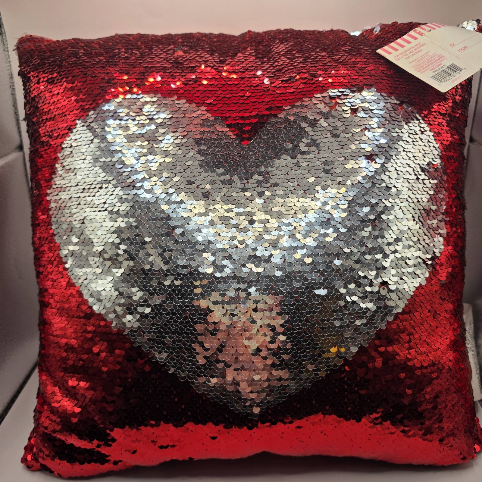 LOVE IS IN THE AIR Reversible Red Silver HEART NWT Sequin Pillow 13 X 13