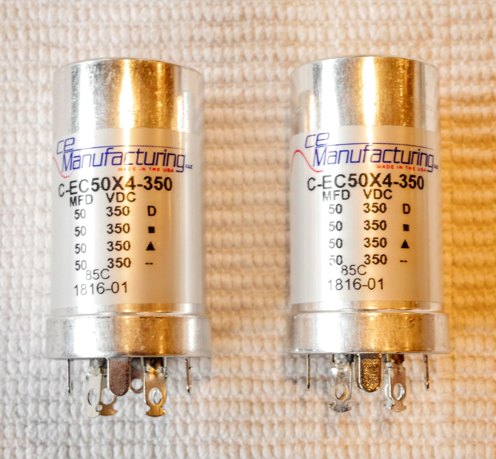 PAIR TWO Capacitor  CE MFG CAN ELECTROLYTIC MALLORY  350V, 50-50-50-50 MFD USA