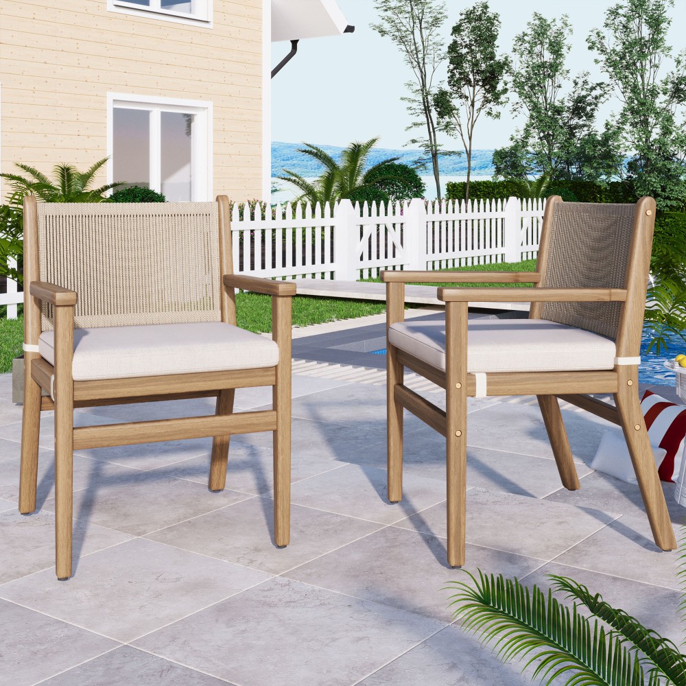 Outdoor Dining Chairs Set of 2 Acacia Wood Rope Back Armchair Water Repellent