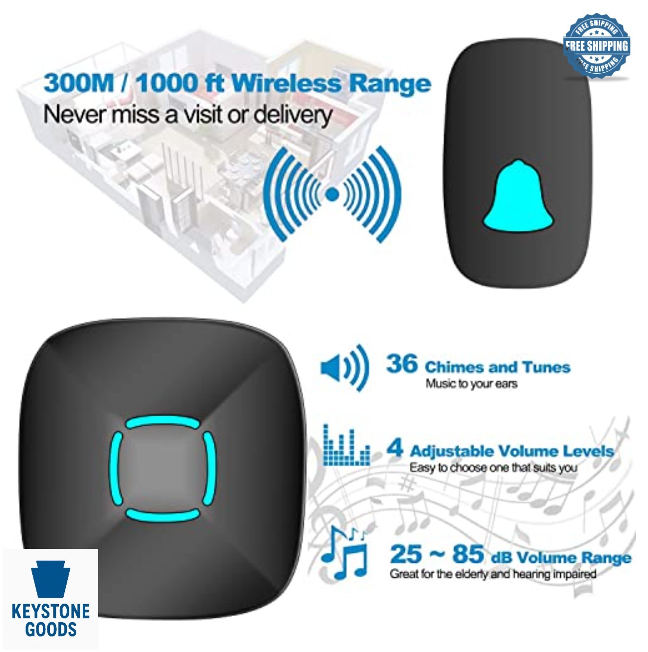 Wireless Doorbell Waterproof 1000ft Range 36 Chimes LED Flash Adjustable Volume