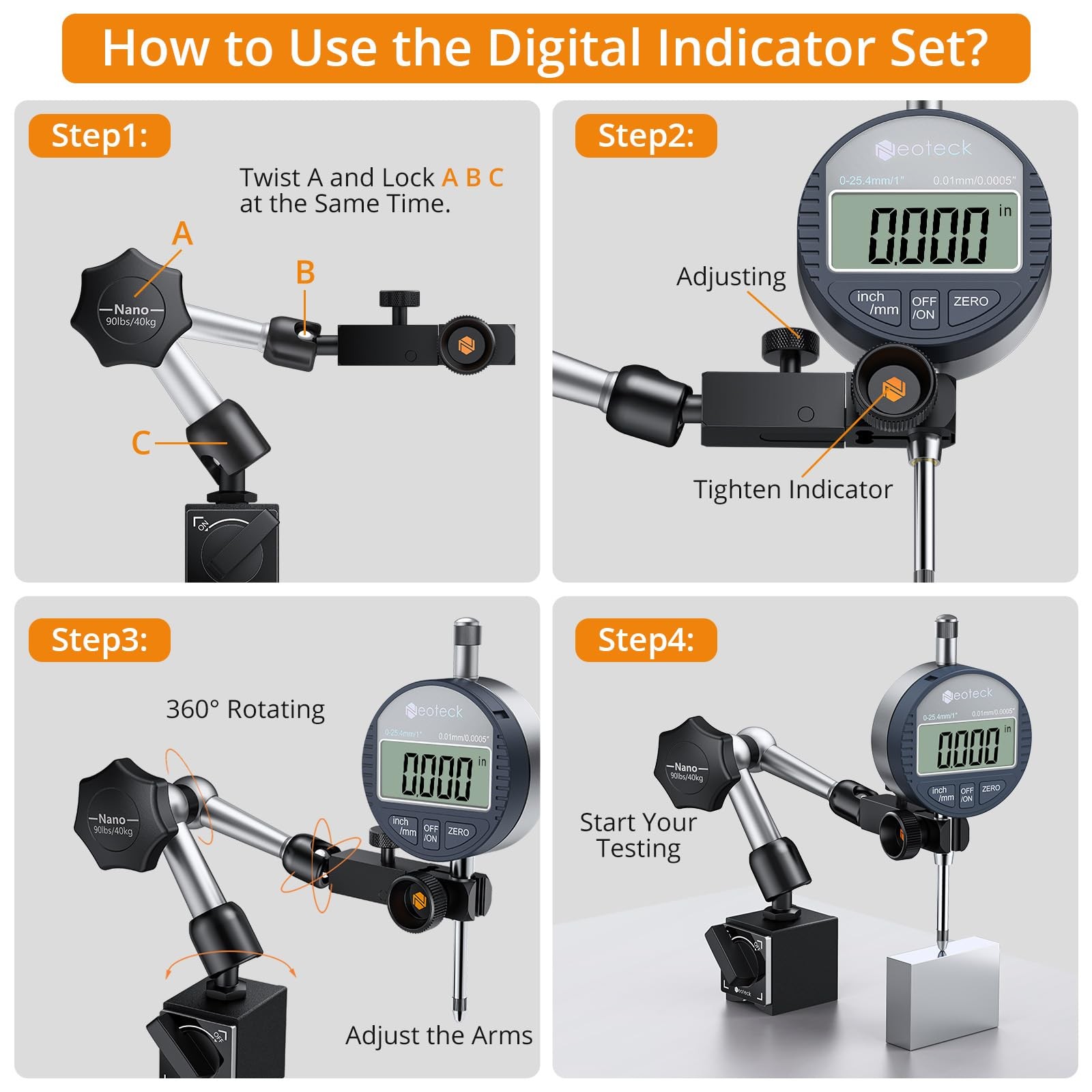 Neoteck 1" Digital Indicator Set + 0.03" Dial