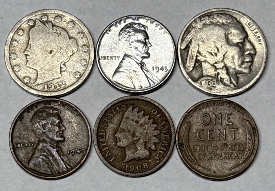 Lot of Indian Head Penny, Liberty V and Buffalo Nickel, Steel & 2 Wheat Pennies
