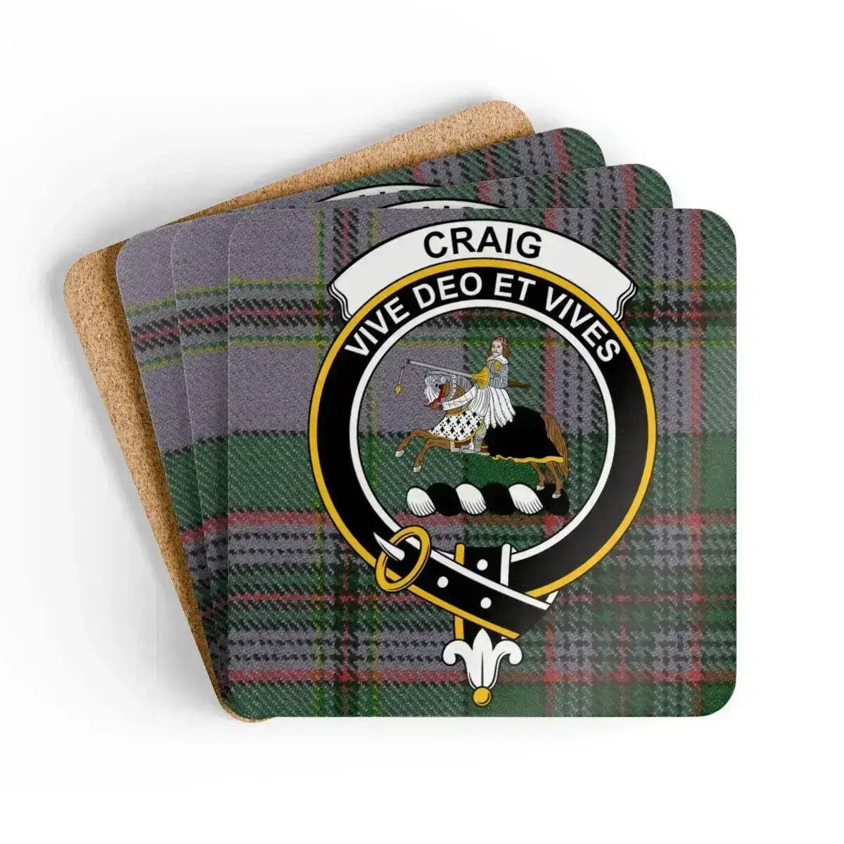 Clan Craig Crest Scottish Tartan Coaster Set