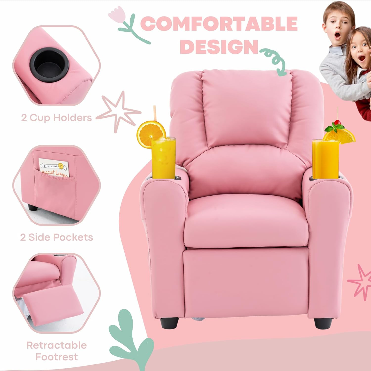 Candy Kids Reclining Chair Leather Recliner Sofa Push Back Toddler Youth Childre