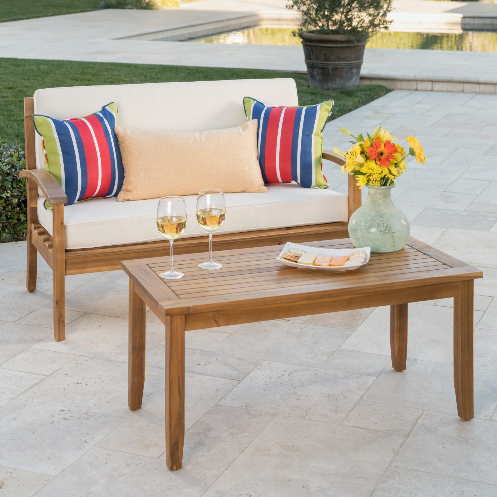 Keanu Outdoor Acacia Wood Loveseat and Coffee Table Set with Cushions