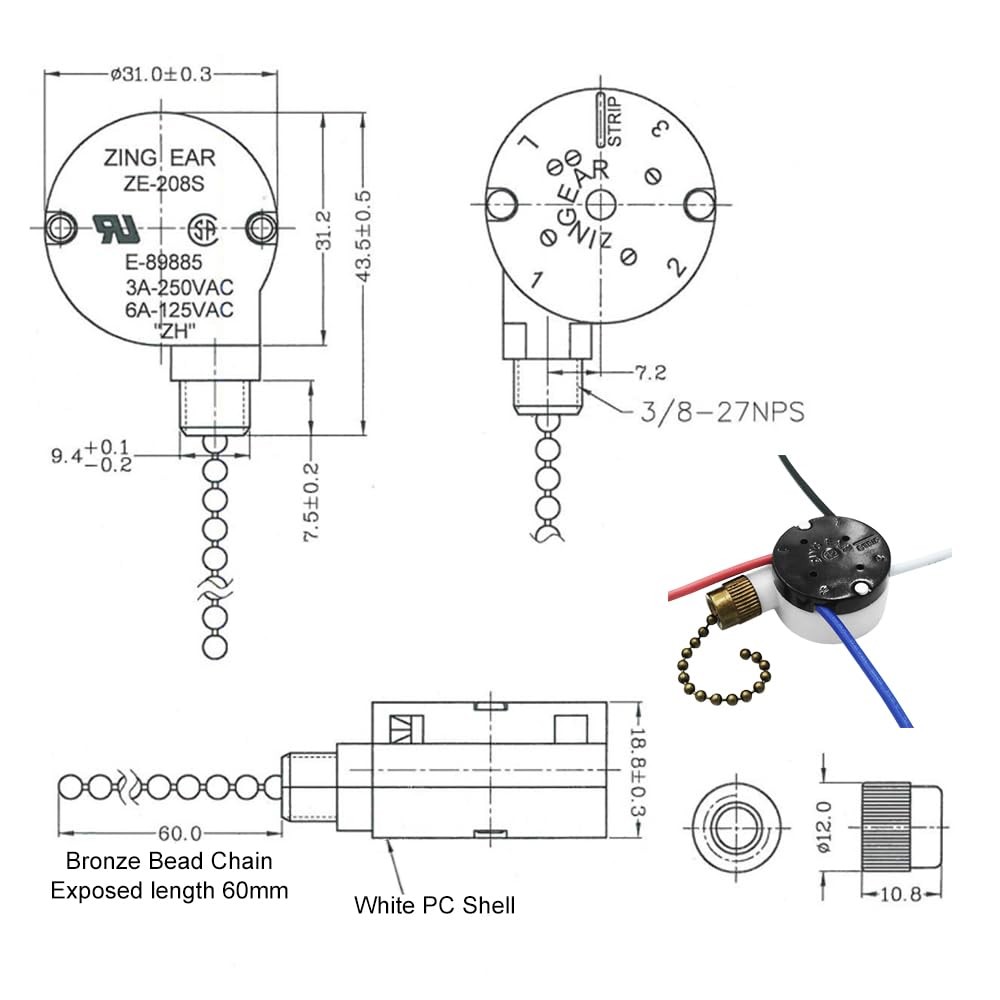 Ceiling Fan Switch Zing Ear ZE-208s E89885 (Bronze),