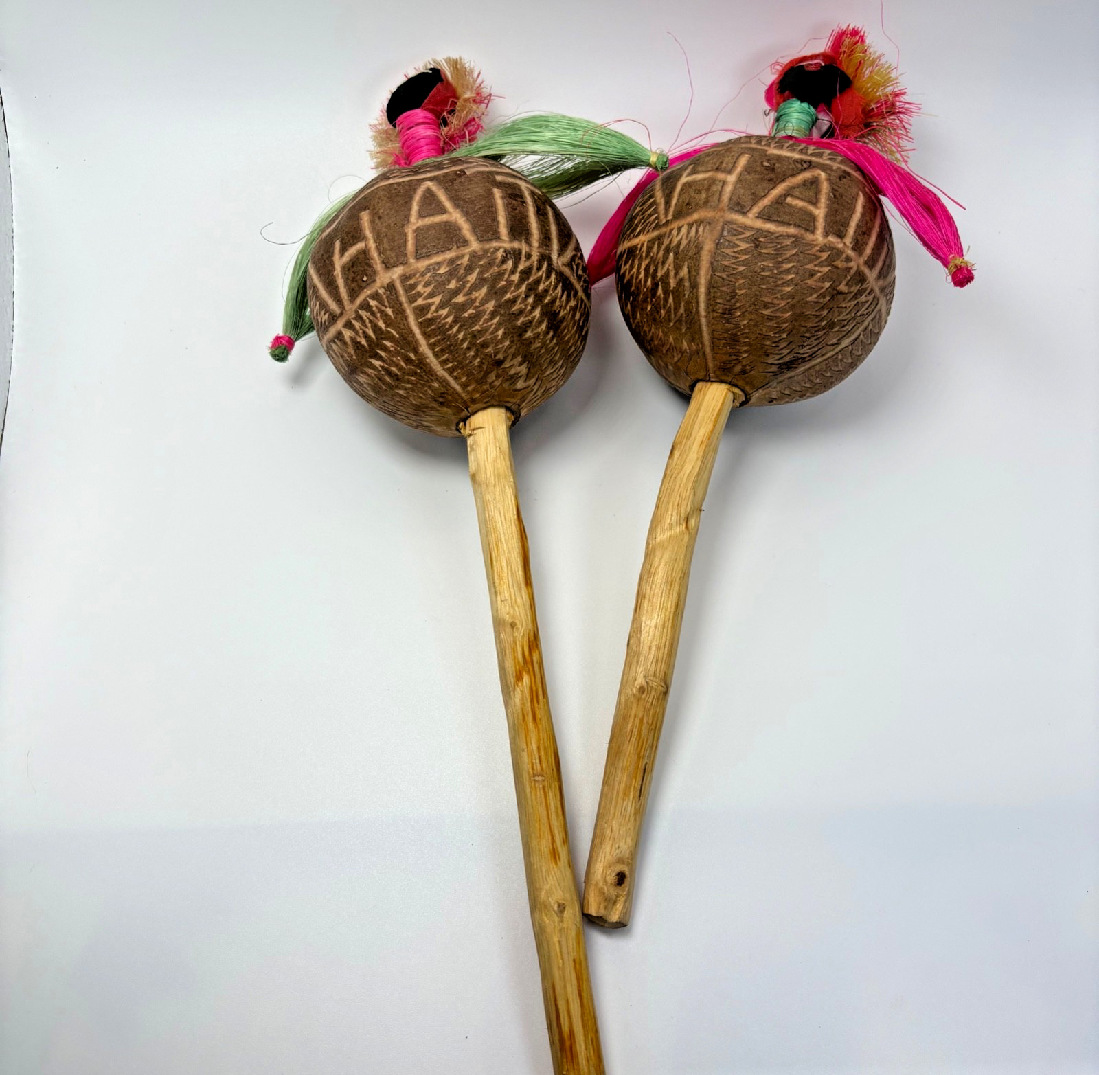 Vtg Pair Haitian Maracas Hand Painted and Carved Wood Rumba Shakers Haiti Color