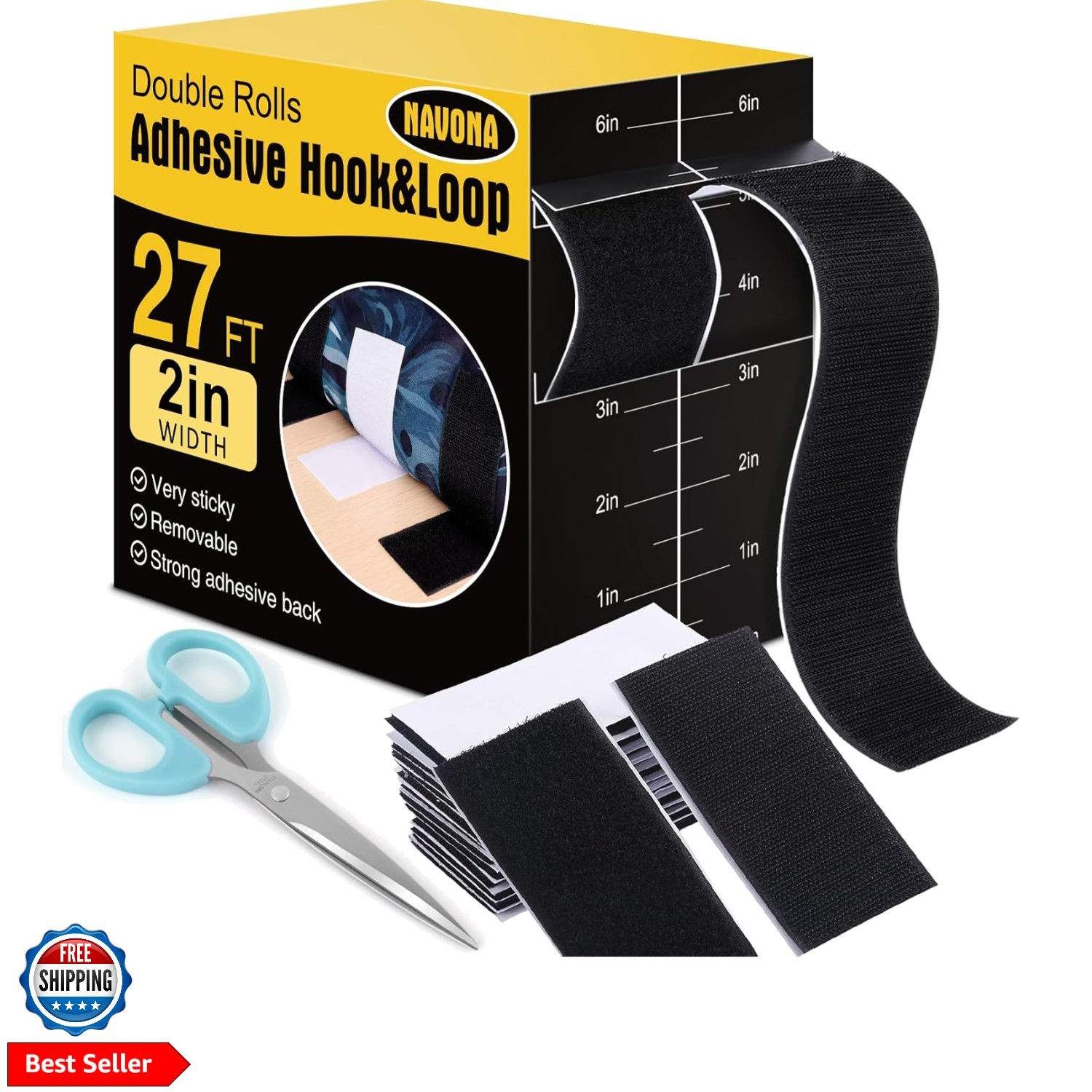 27Ft x 2 Inch Hook and Loop Strips with Adhesive, Heavy Duty Self Adhesive Ta...