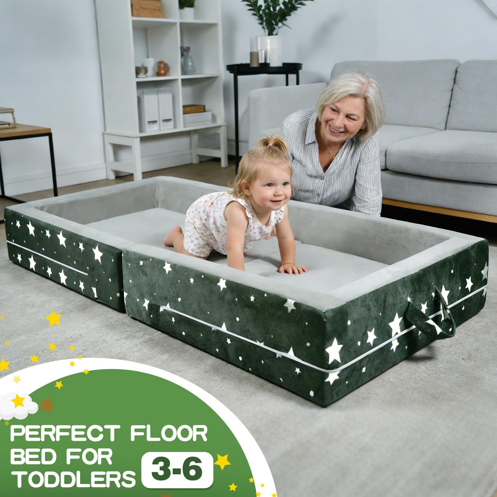 Portable Travel Bed – Foldable Floor Bed for Toddlers 3-6 with 3.54" Soft Foa...
