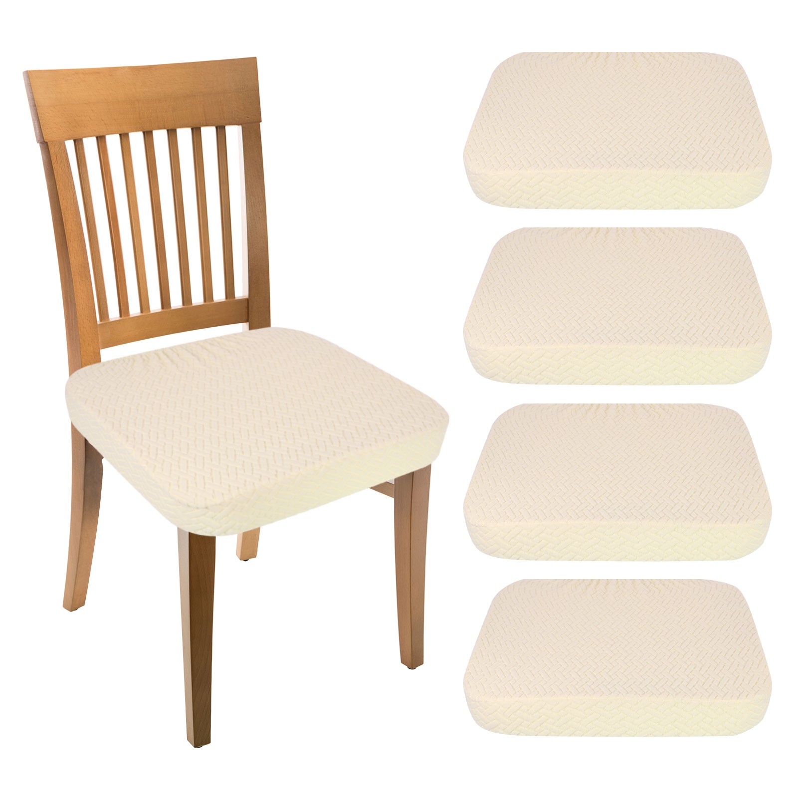 4Pcs Stretch Jacquard Seat Covers, Dining Room Chair Seat Slipcover, Beige